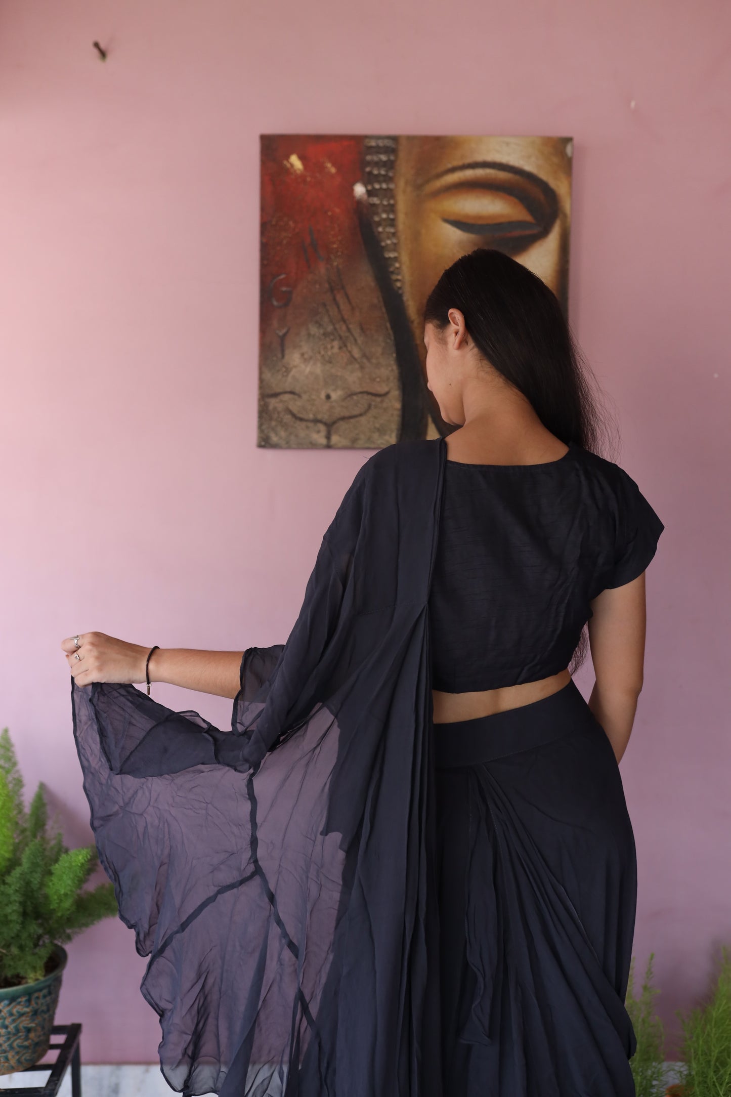 JEENAS Women Pure Georgette Ready To Wear Saree Hand Worked Blouse