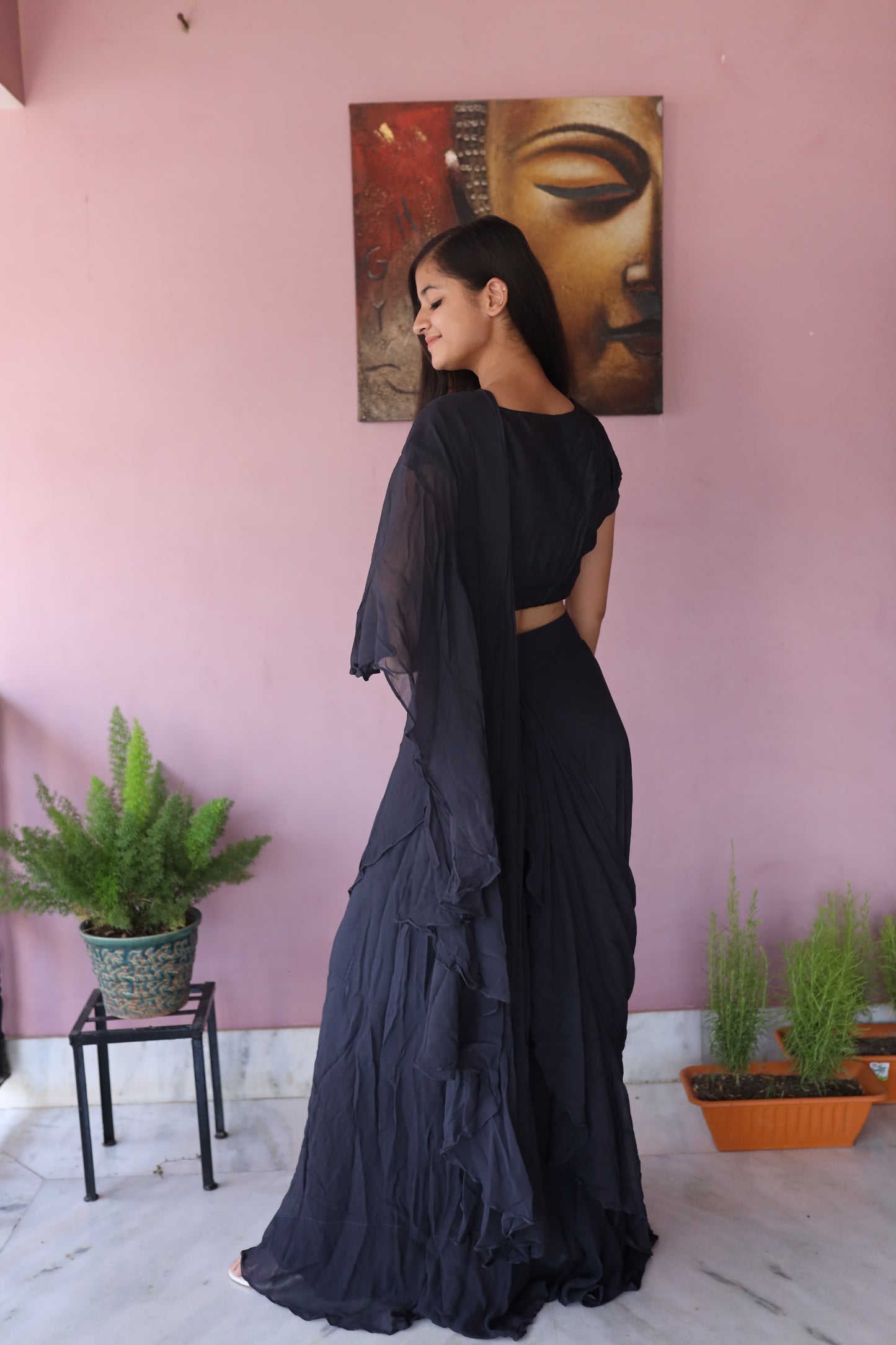 JEENAS Women Pure Georgette Ready To Wear Saree Hand Worked Blouse