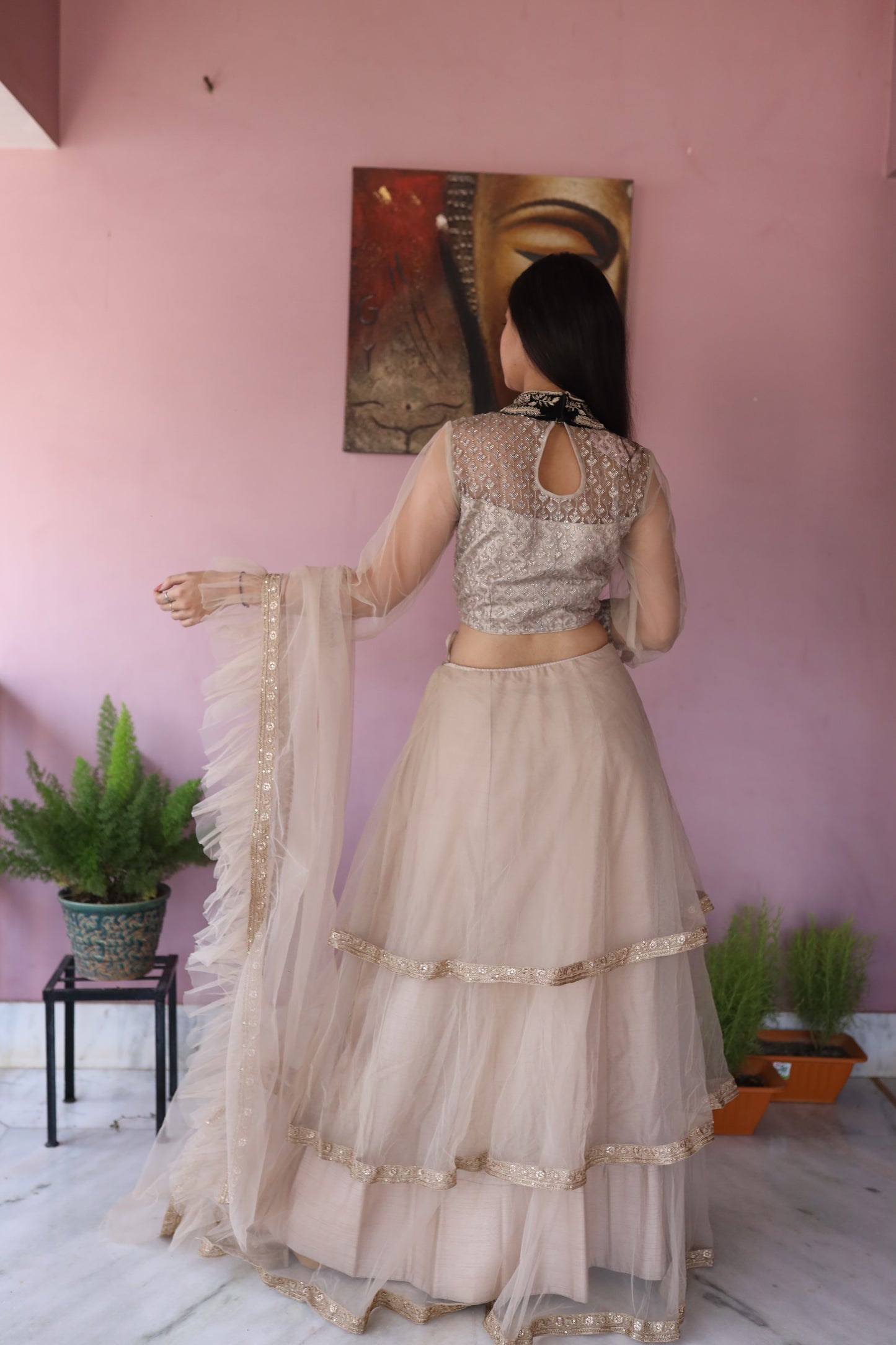 JEENAS Women Pure Organza Neck Worked Lehenga