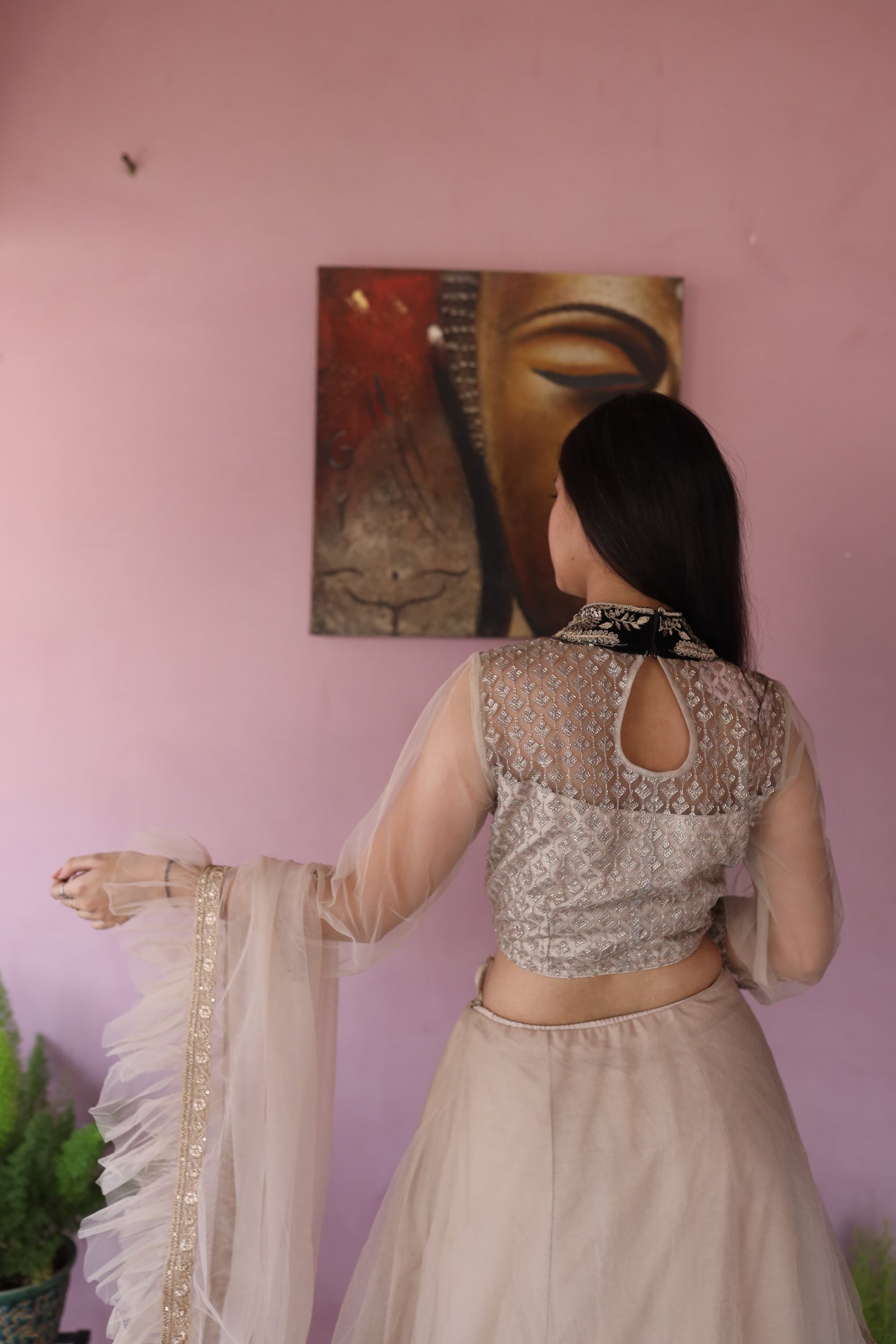 JEENAS Women Pure Organza Neck Worked Lehenga