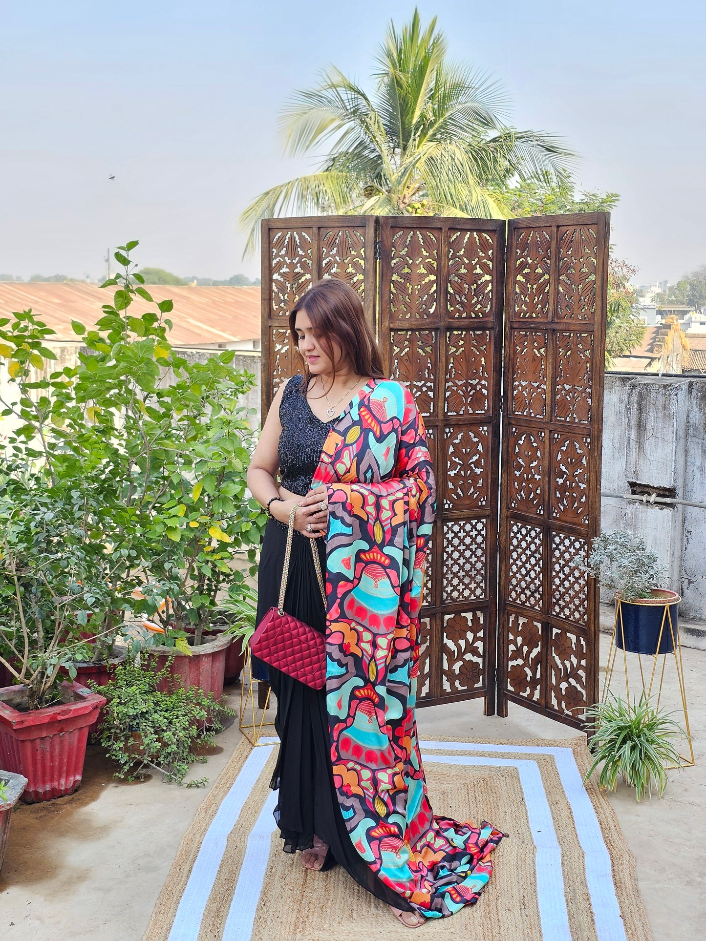 Jeenas sequence drape Printed indowestern saree