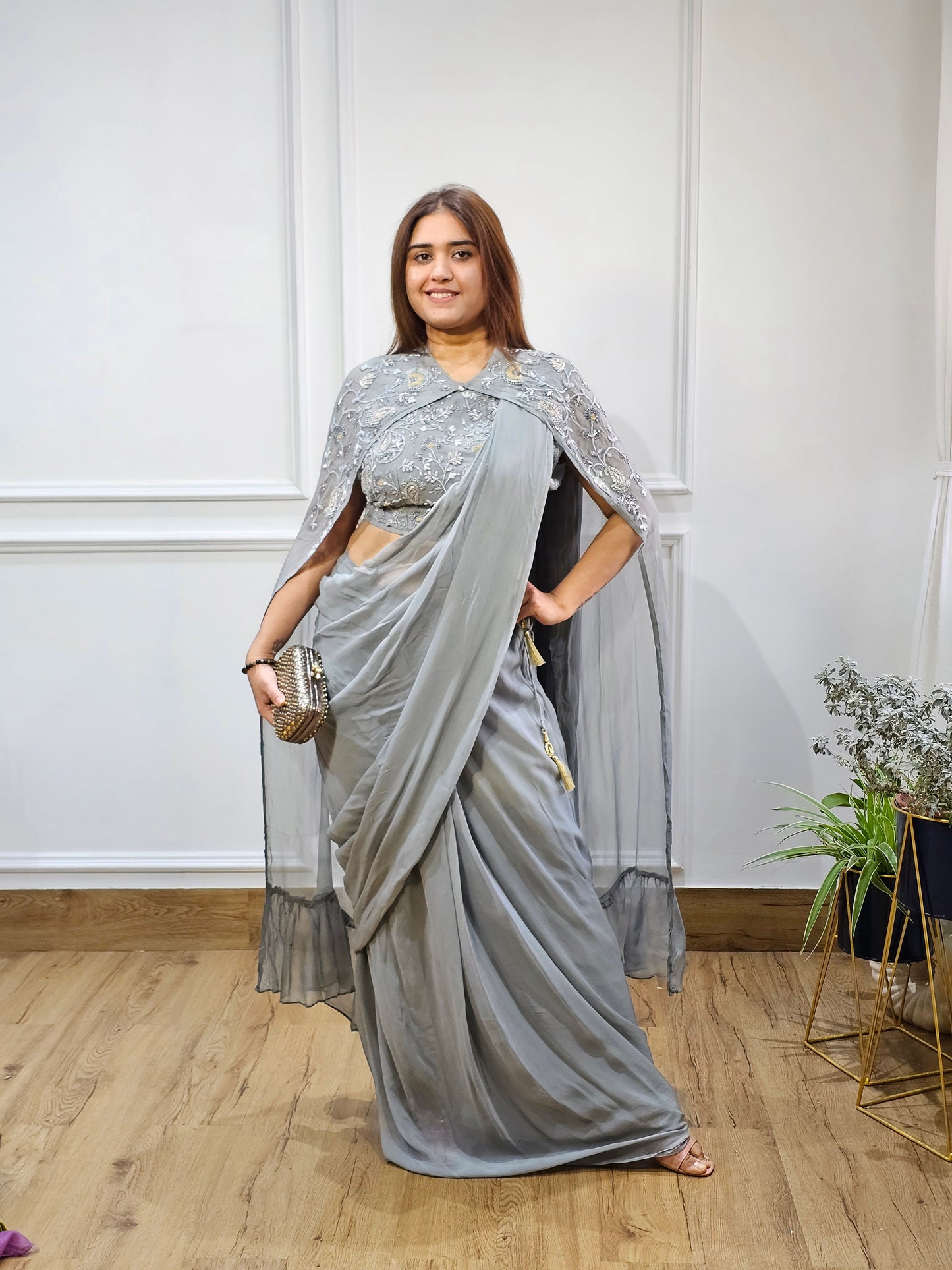 Jeenas grey drape saree
