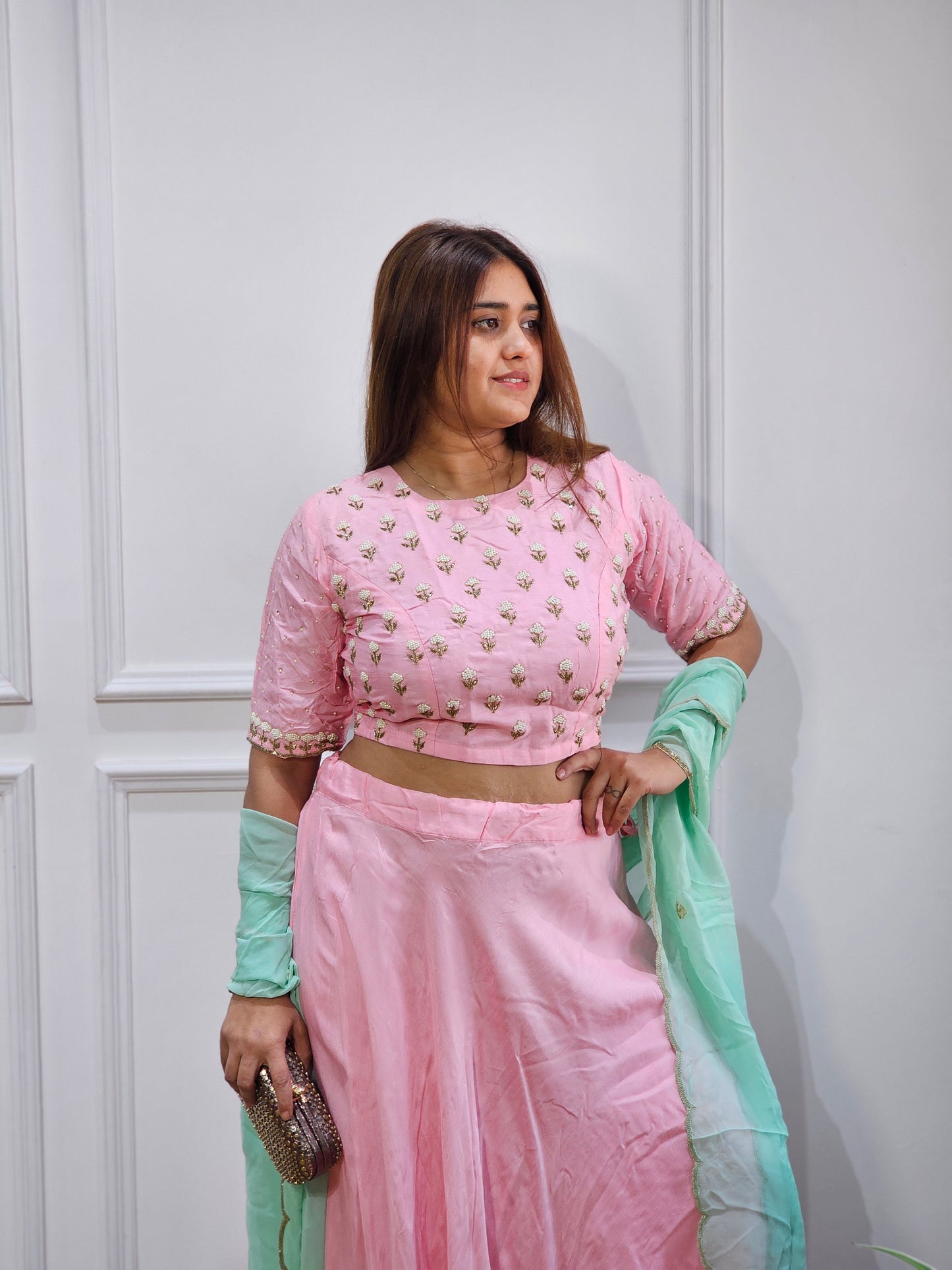 Jeenas baby pink semi party wear lengha