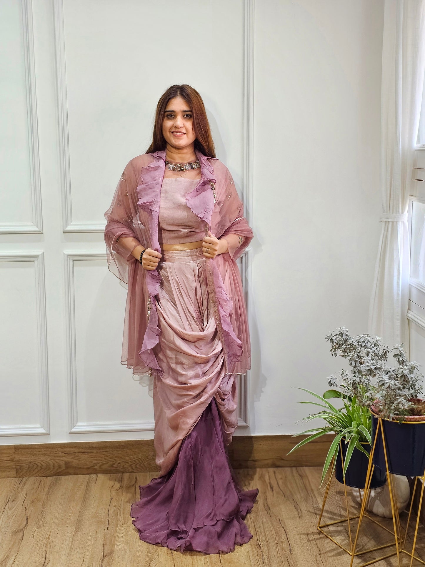 Jeenas Brown drape lehnga