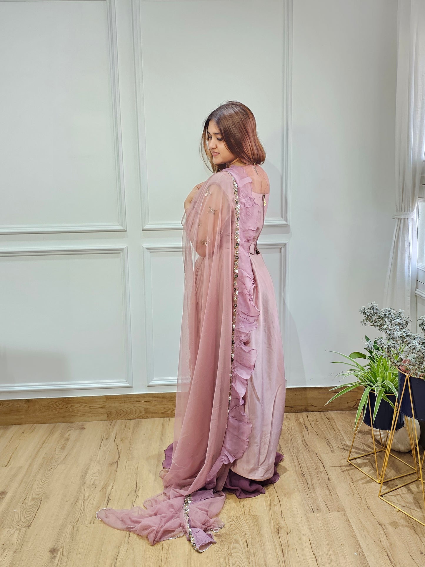 Jeenas Brown drape lehnga