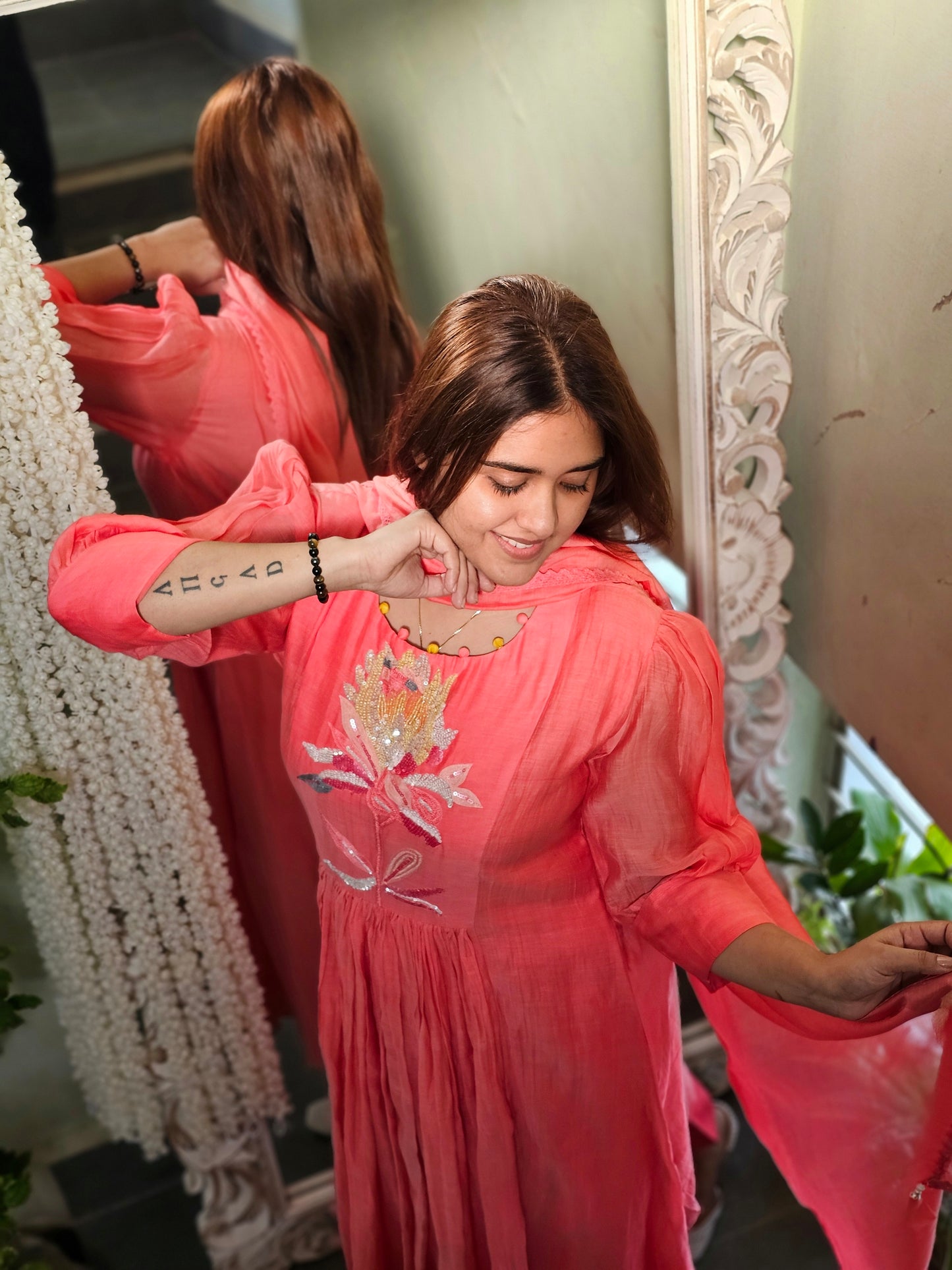 Jeenas coral peach mul chanderi suit set