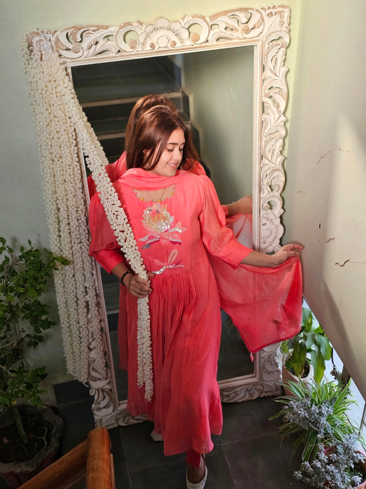 Jeenas coral peach mul chanderi suit set