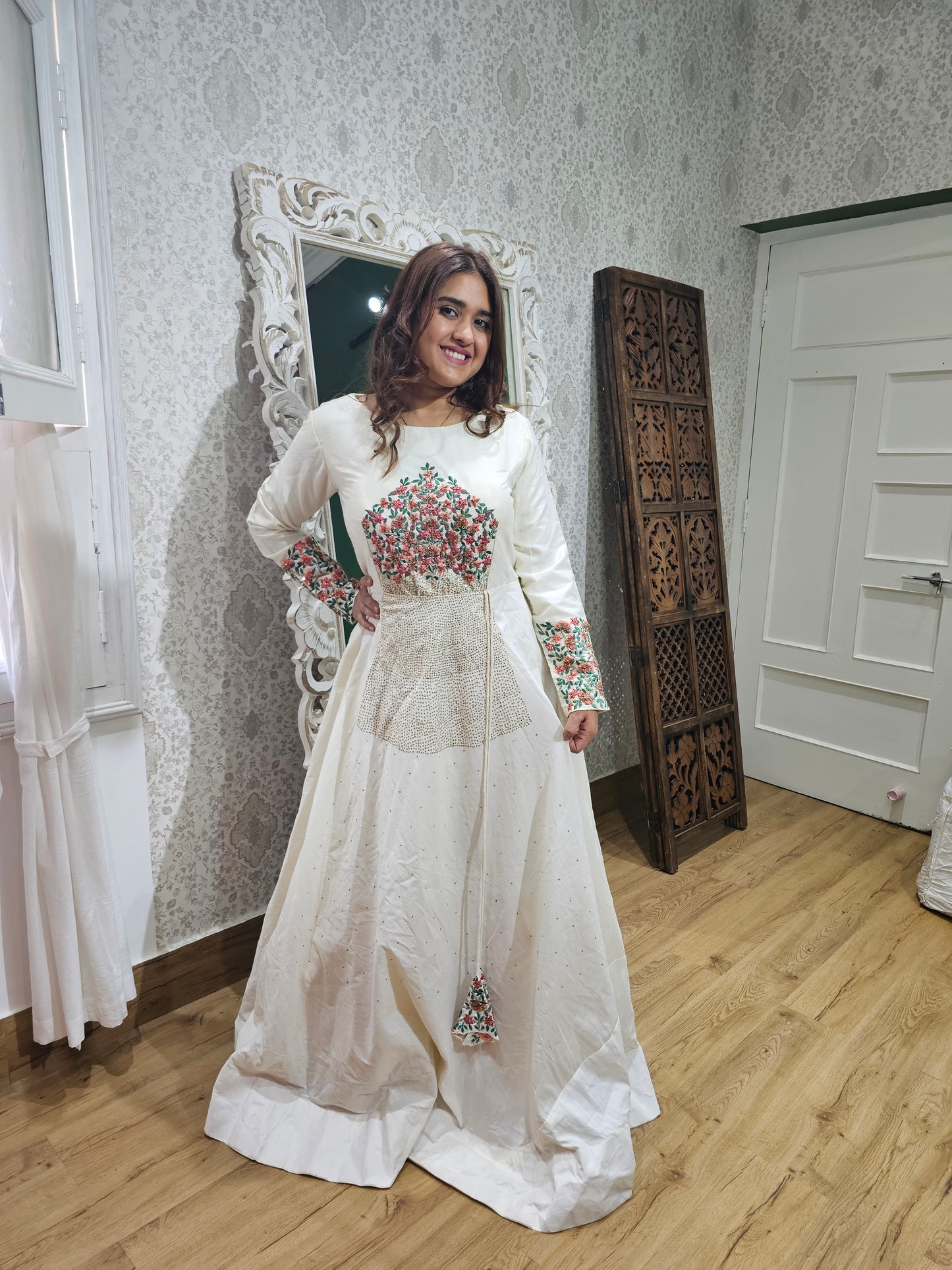 Jeenas embroidered white silk gown
