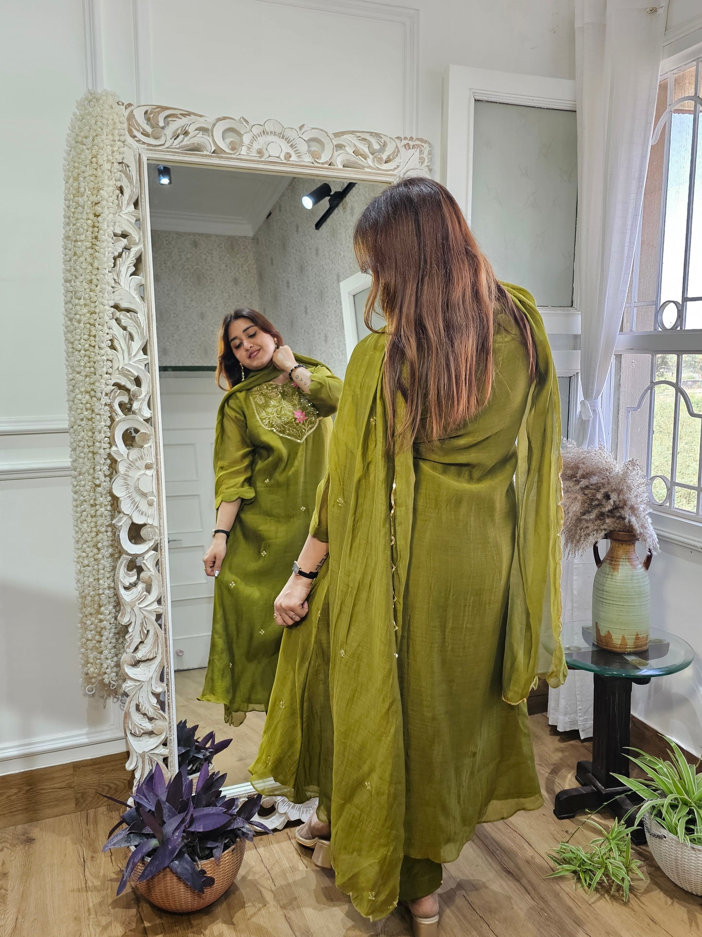 Jeenas zari mehndi green mul chanderi suit