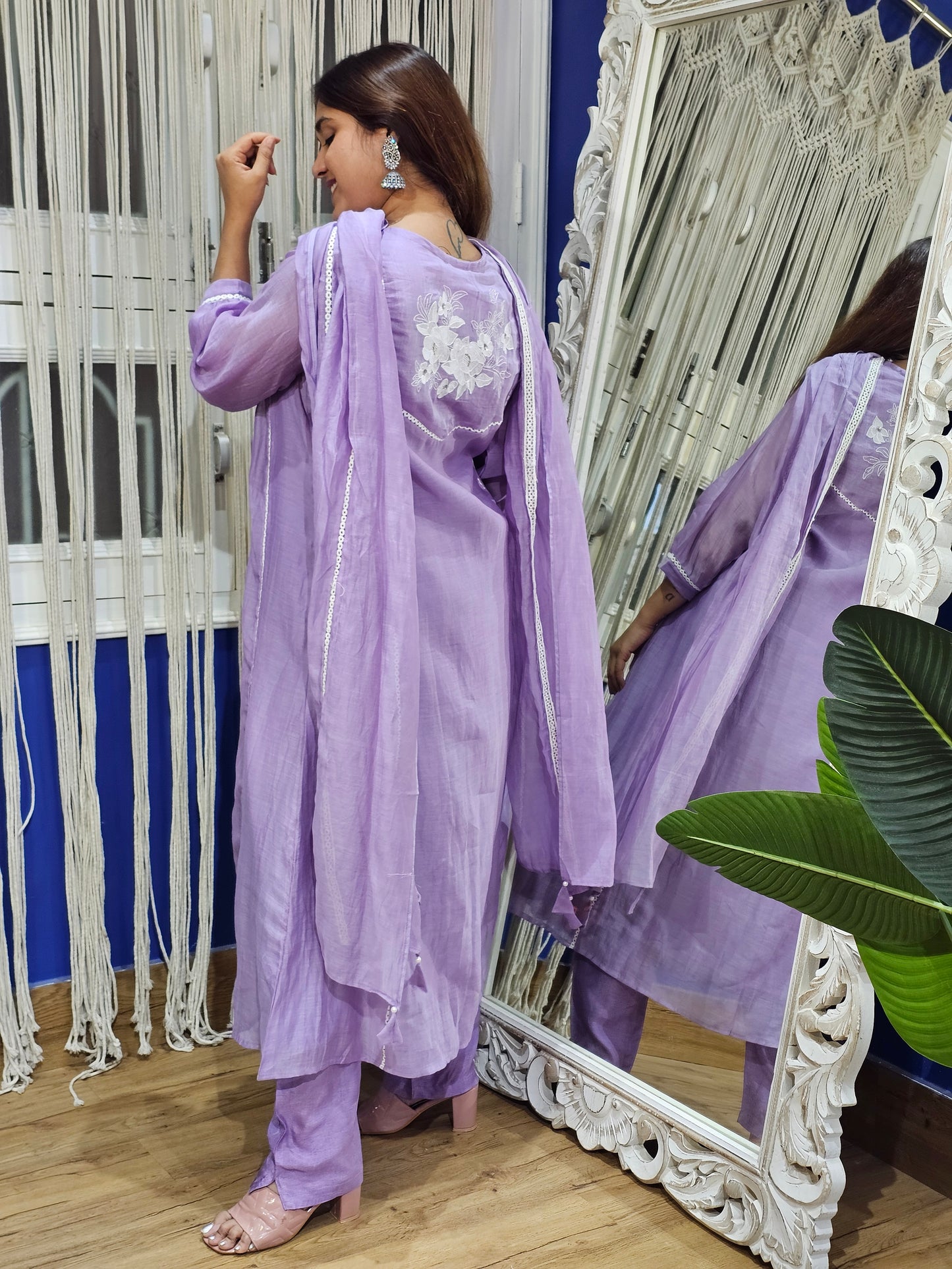 Jeenas embroidered pure mul chanderi suit set