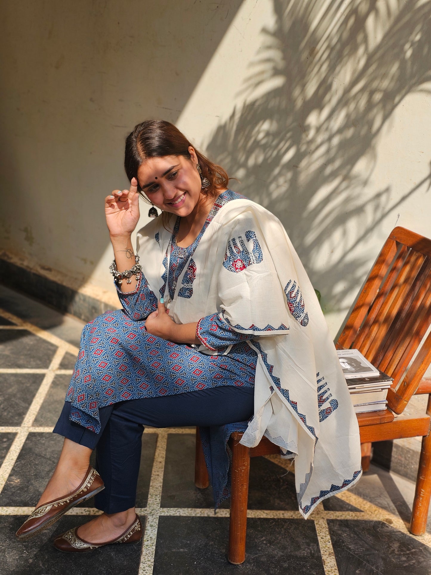 Jeenas ajrak print pure mul cotton suit with applique dupatta
