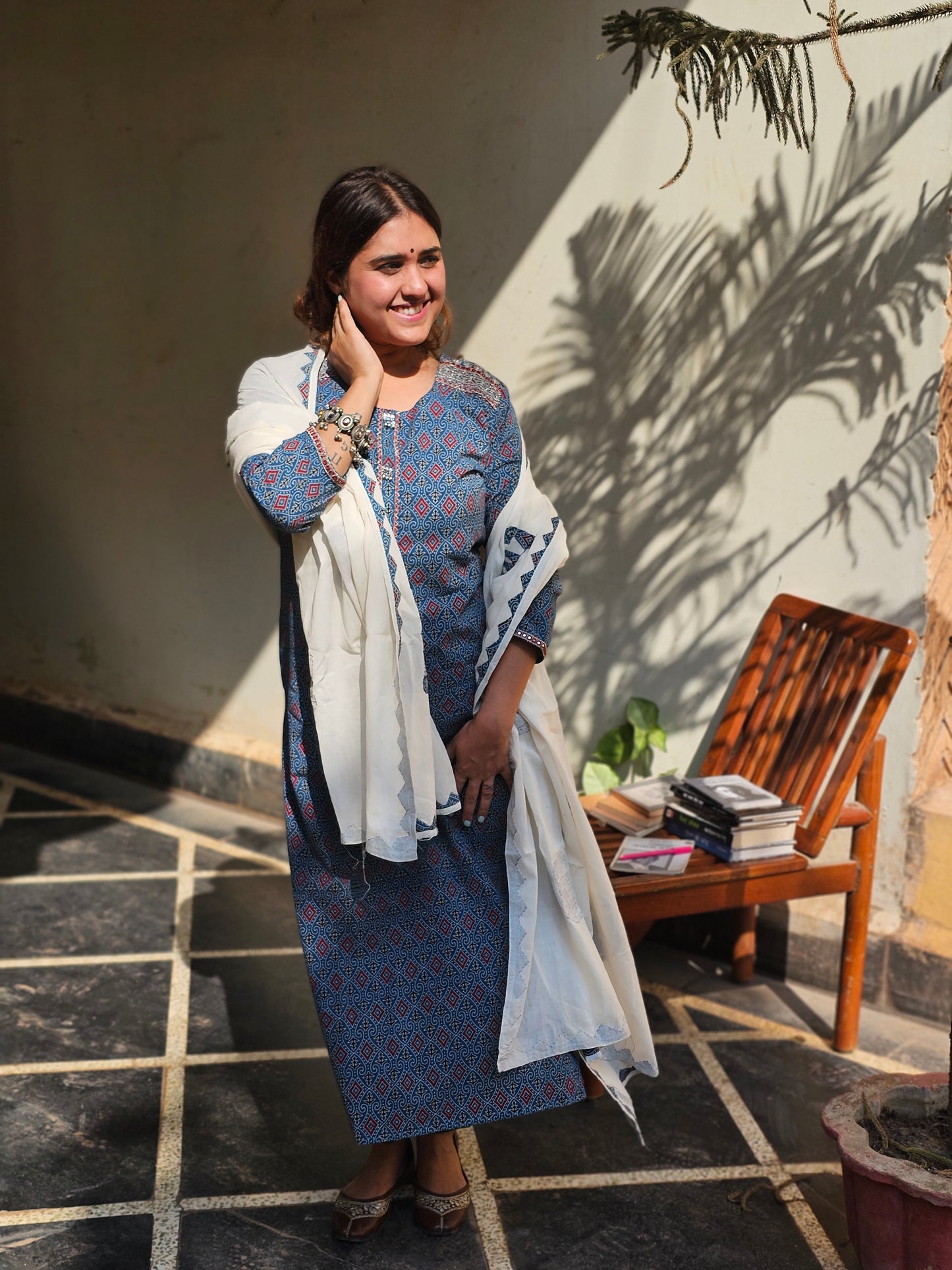 Jeenas ajrak print pure mul cotton suit with applique dupatta