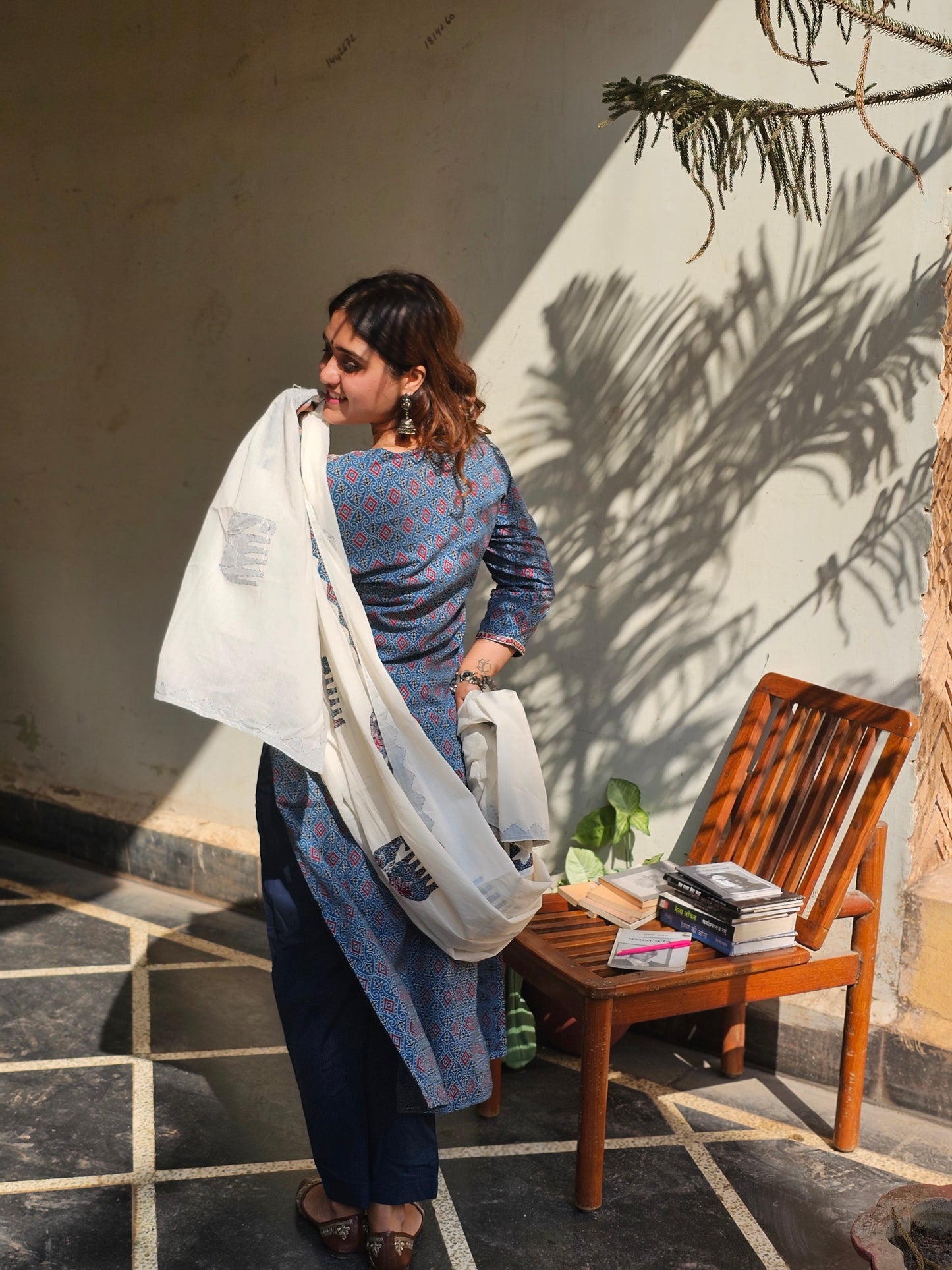 Jeenas ajrak print pure mul cotton suit with applique dupatta