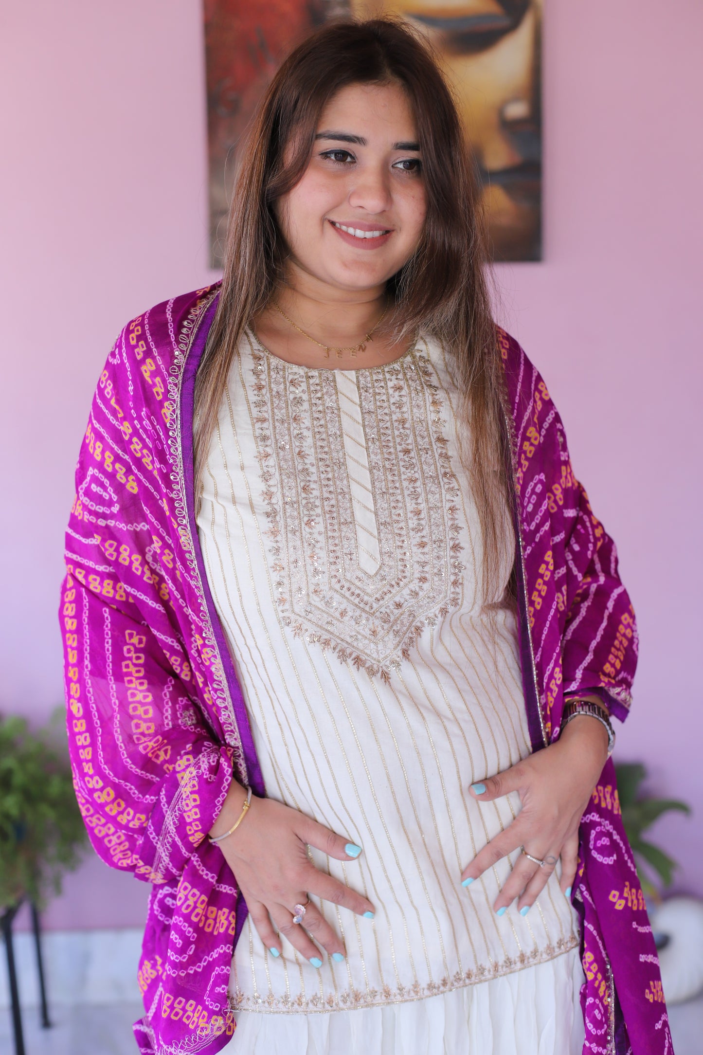 JEENAS Women Pure Chanderi Top With Pure Georgette Skirt& Bandhani Dupatta