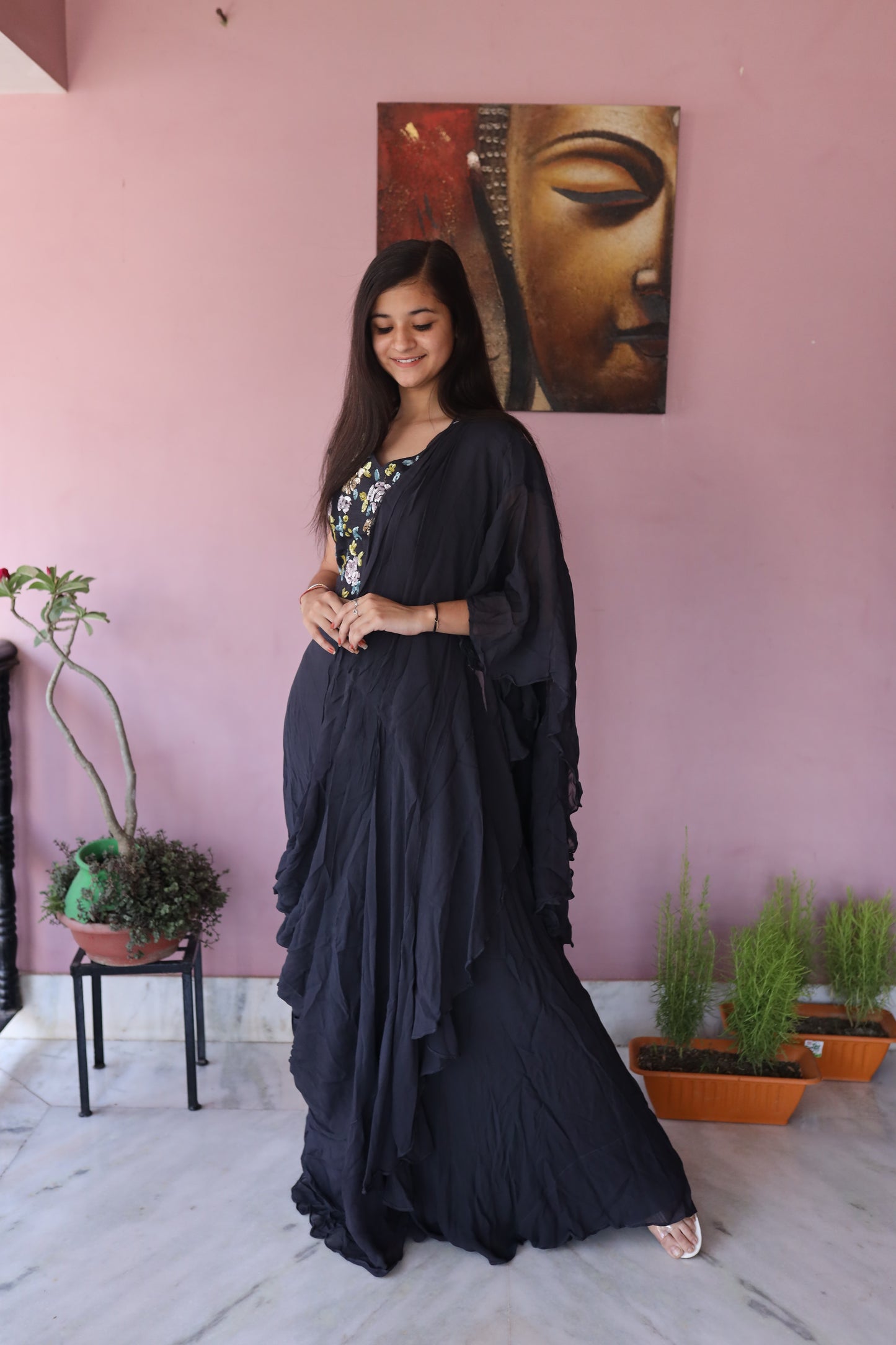 JEENAS Women Pure Georgette Ready To Wear Saree Hand Worked Blouse