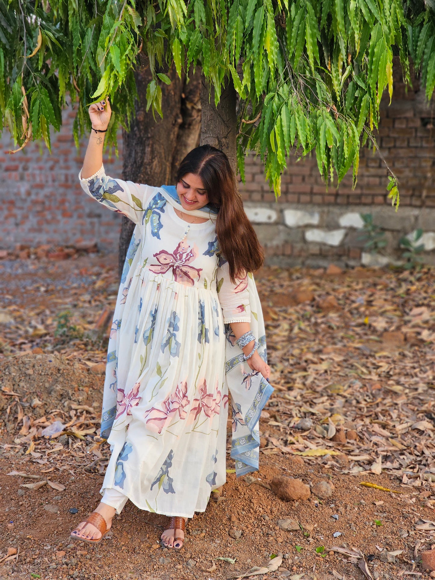 Mul cotton floral anarkali suit set