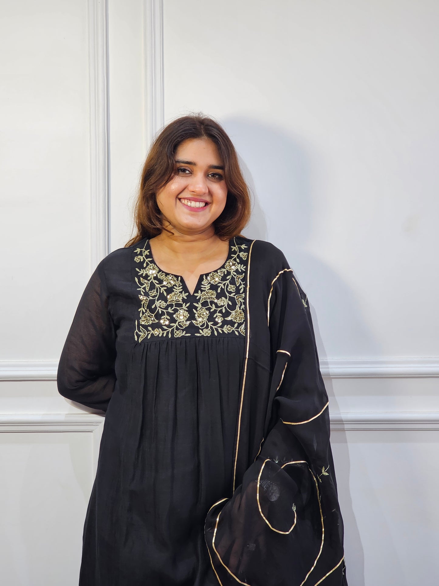 Black mul chanderi gota suit set