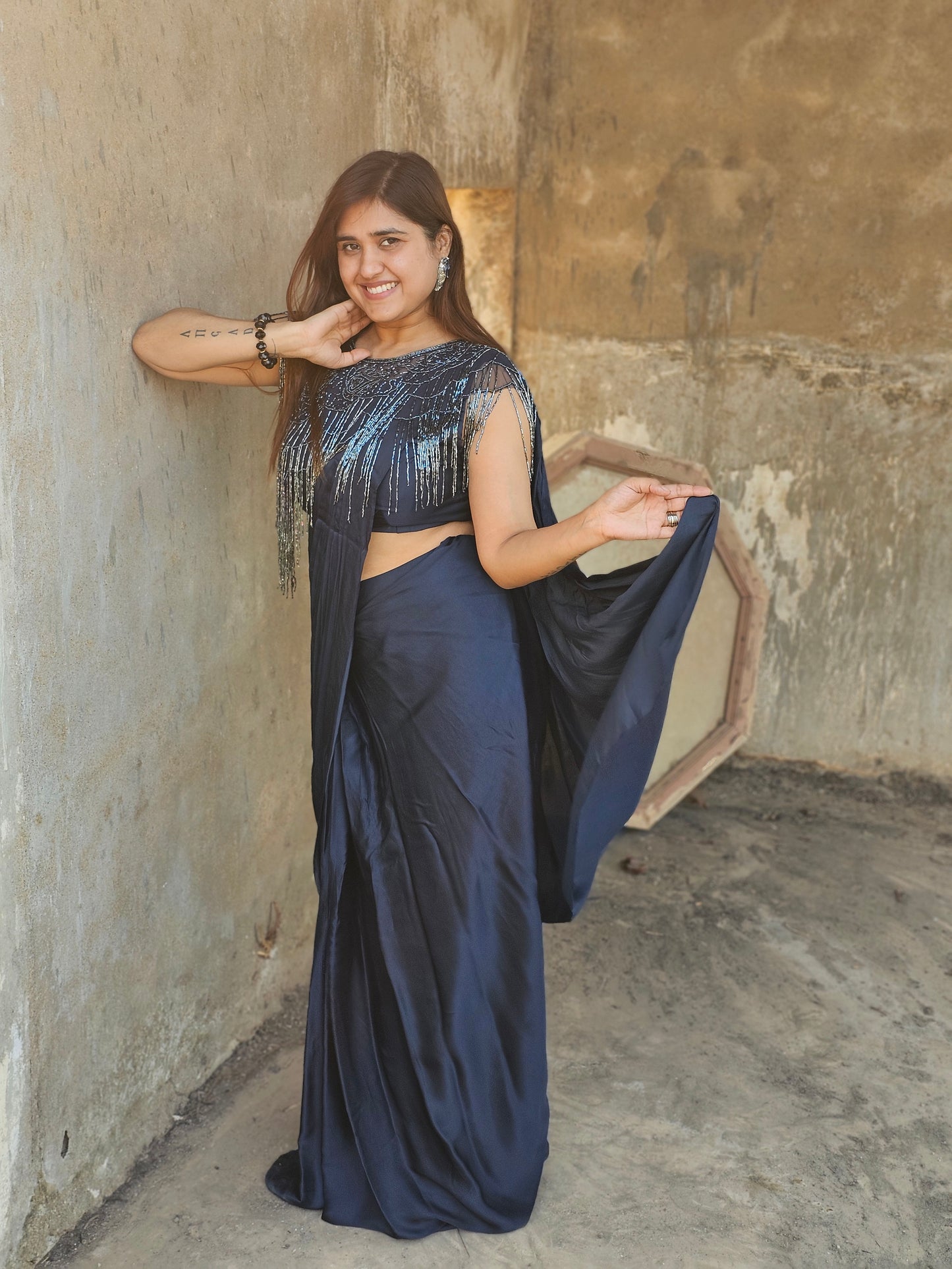 Blue Pure crepe drape saree