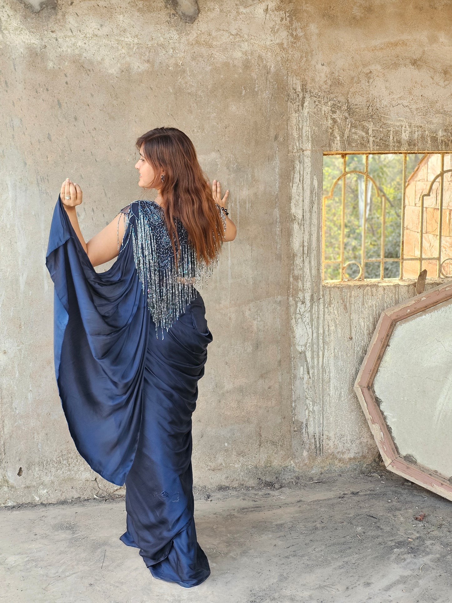 Blue Pure crepe drape saree
