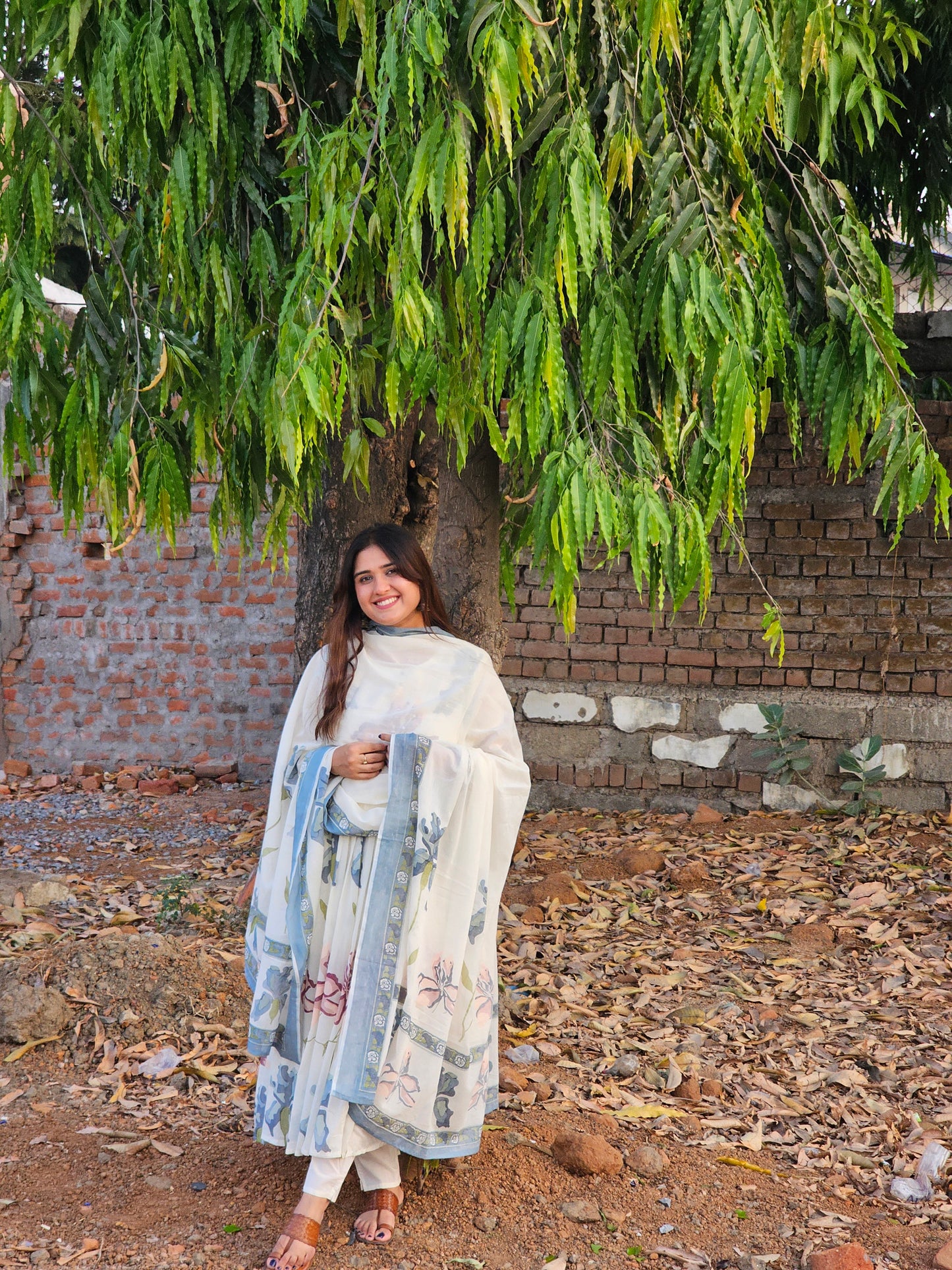 Mul cotton floral anarkali suit set