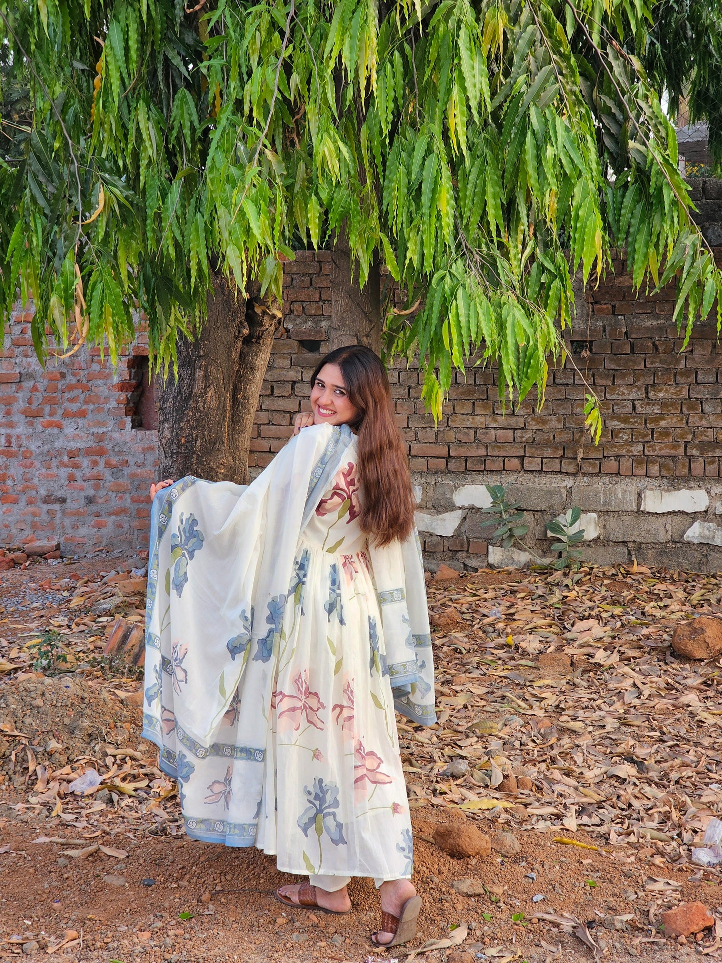 Mul cotton floral anarkali suit set