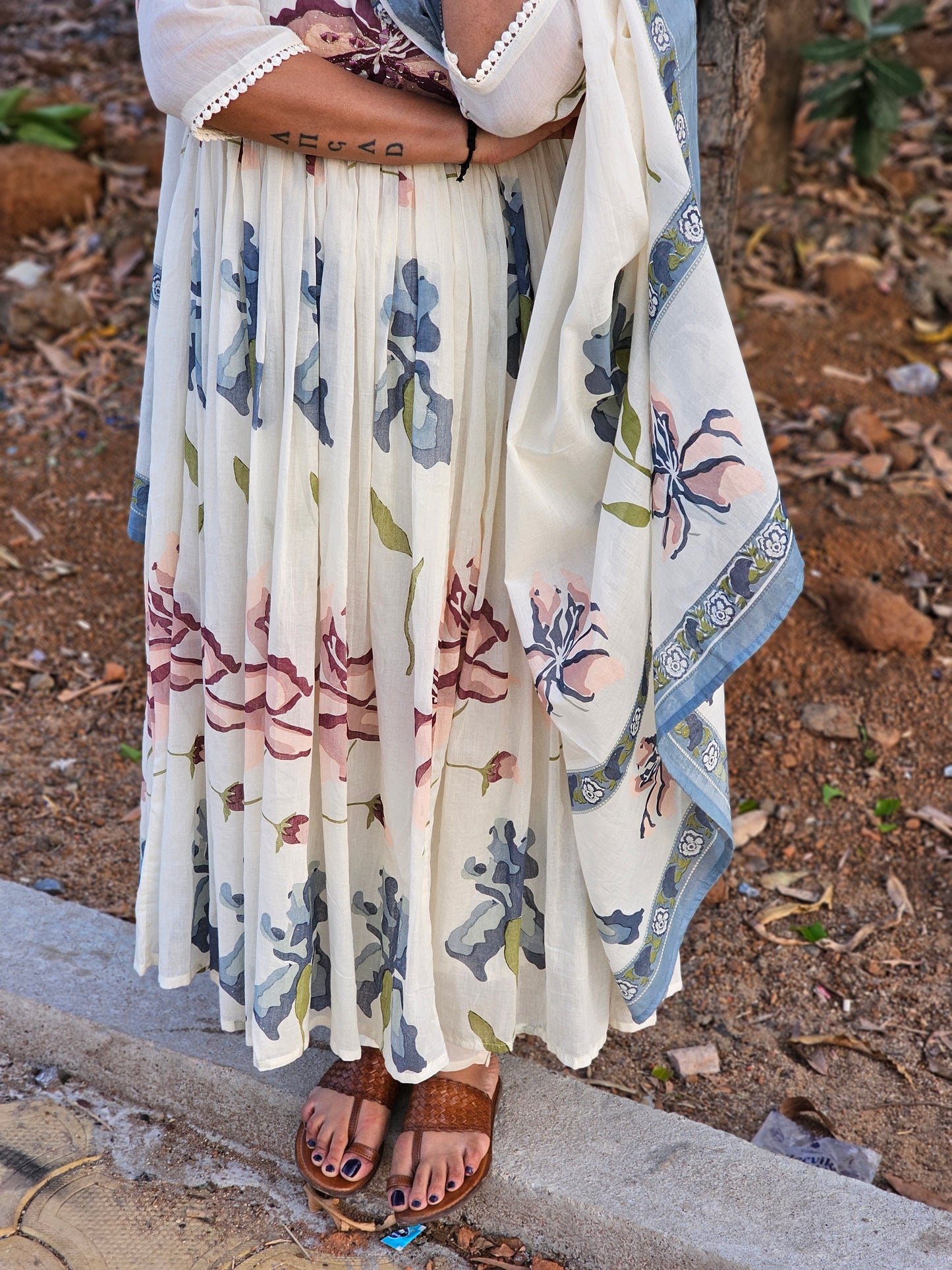 Mul cotton floral anarkali suit set