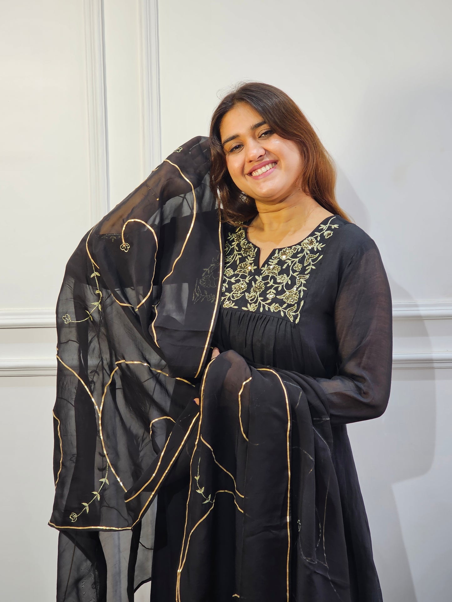 Black mul chanderi gota suit set