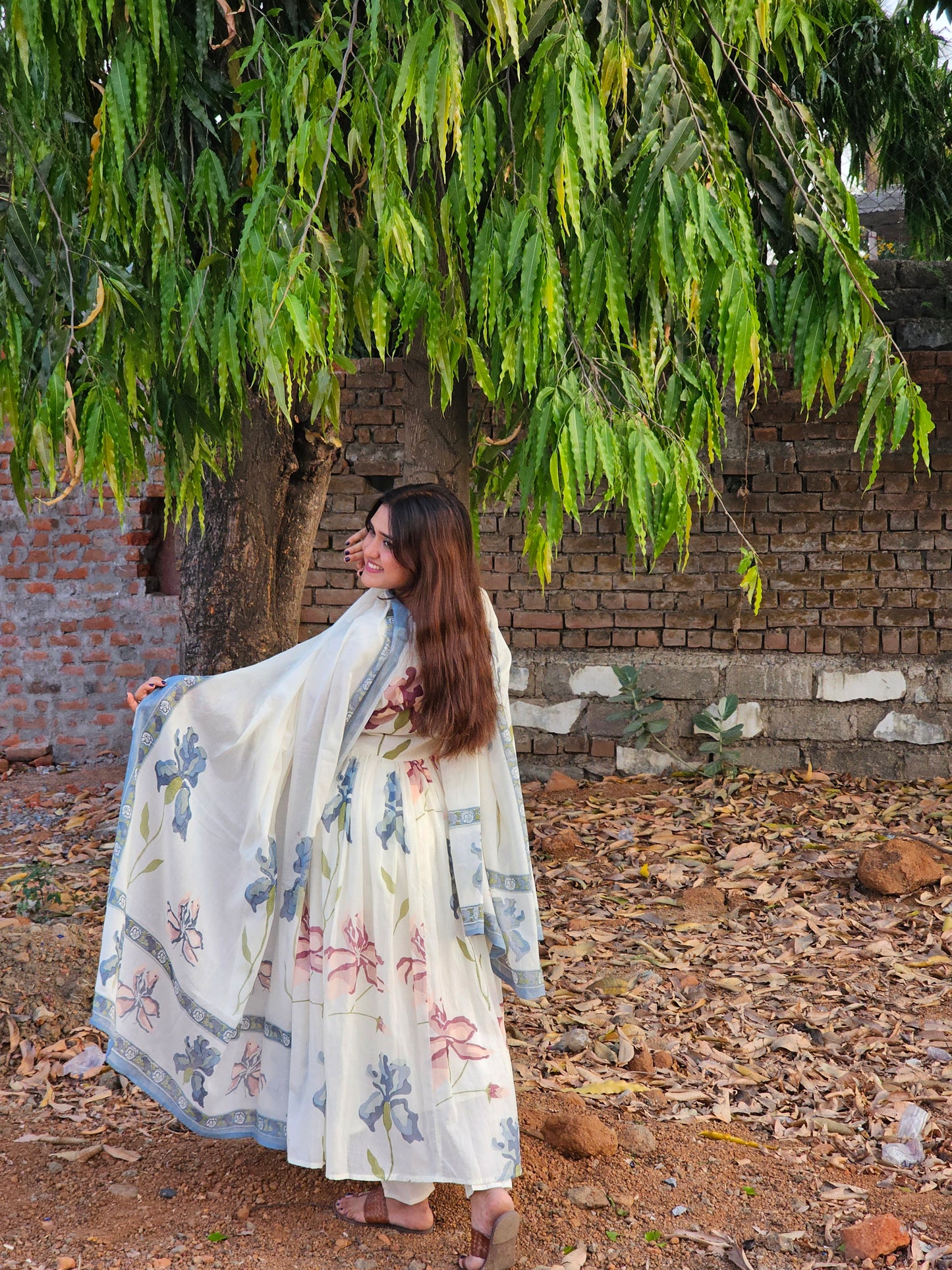 Mul cotton floral anarkali suit set