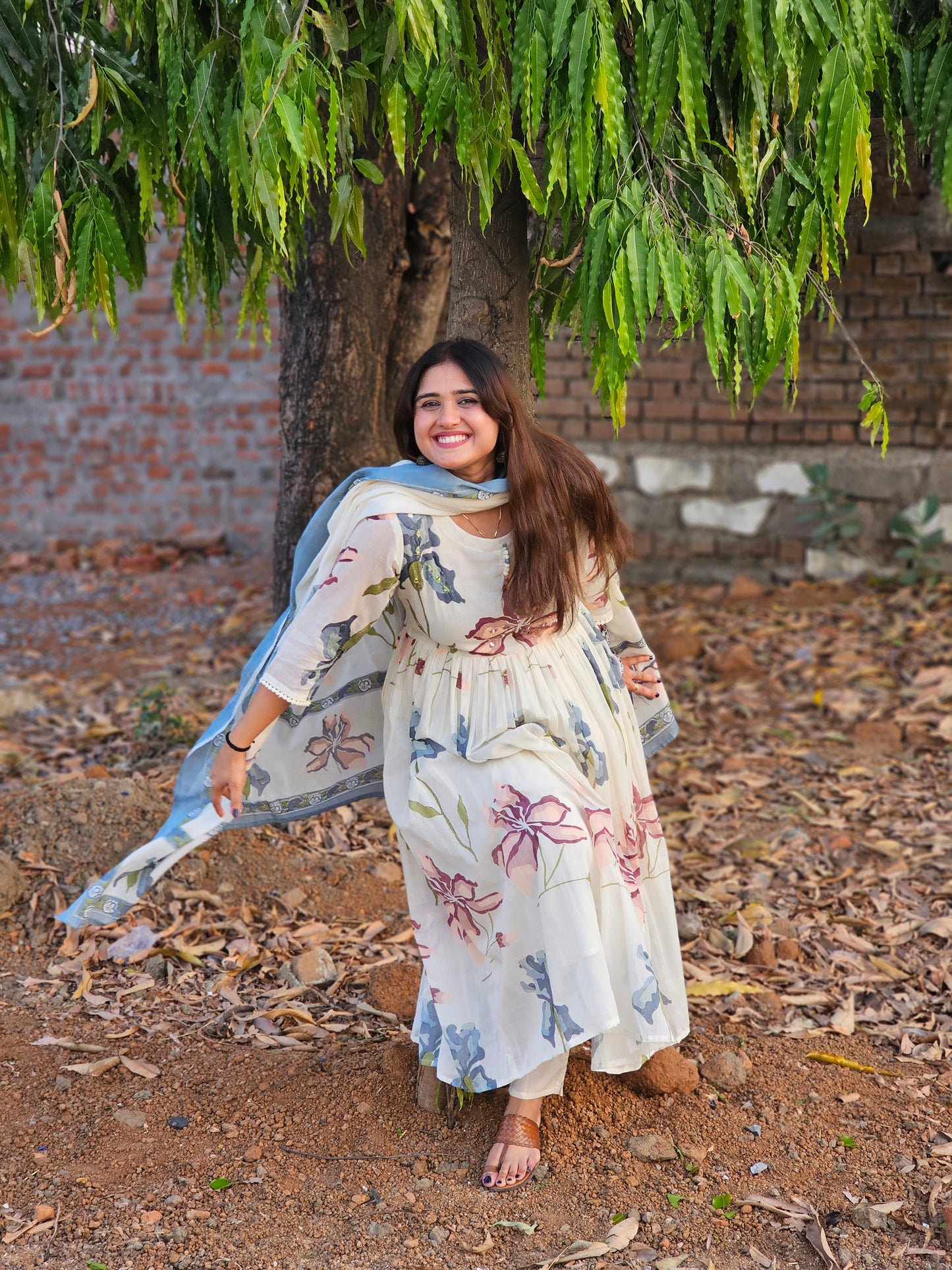 Mul cotton floral anarkali suit set