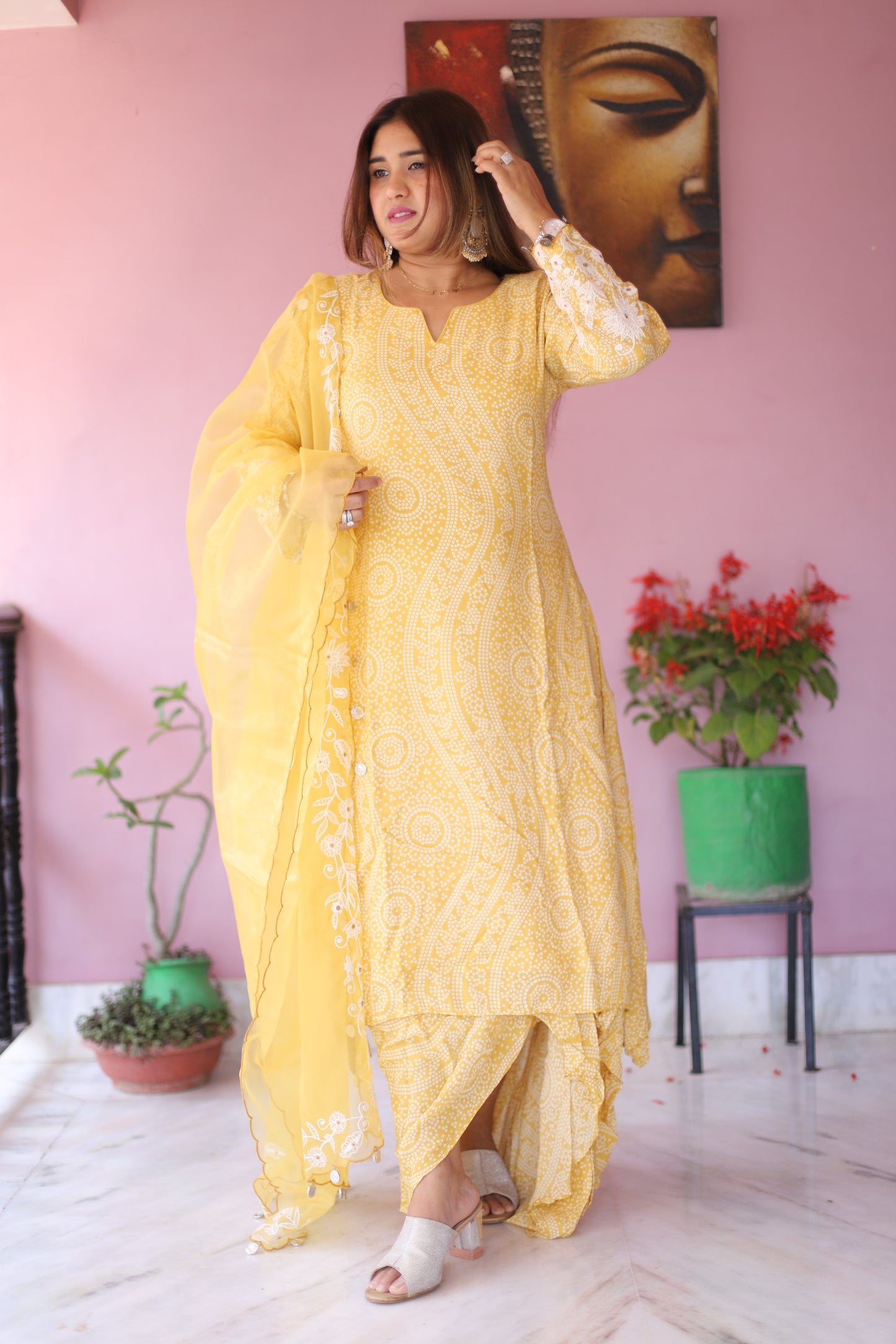 JEENAS Women Yellow Pure Masleen Set With Organza Duppata