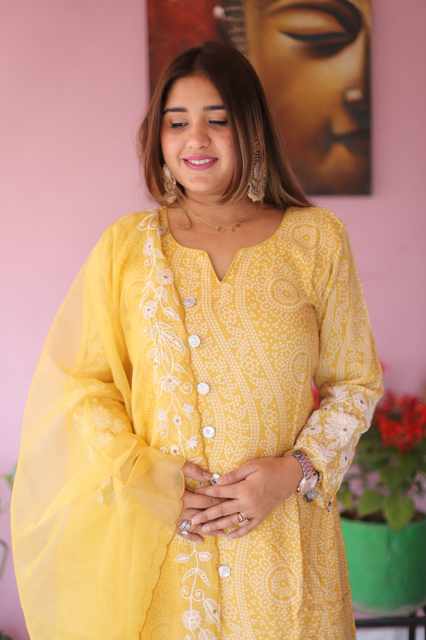 JEENAS Women Yellow Pure Masleen Set With Organza Duppata