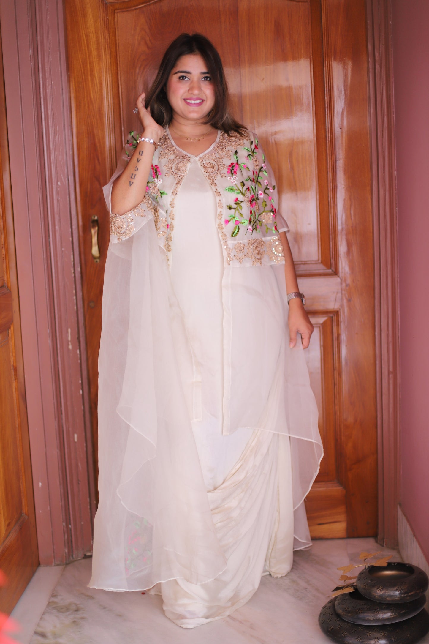 JEENAS Women Pure Chinnon With Organza Embrodery Cape Dress