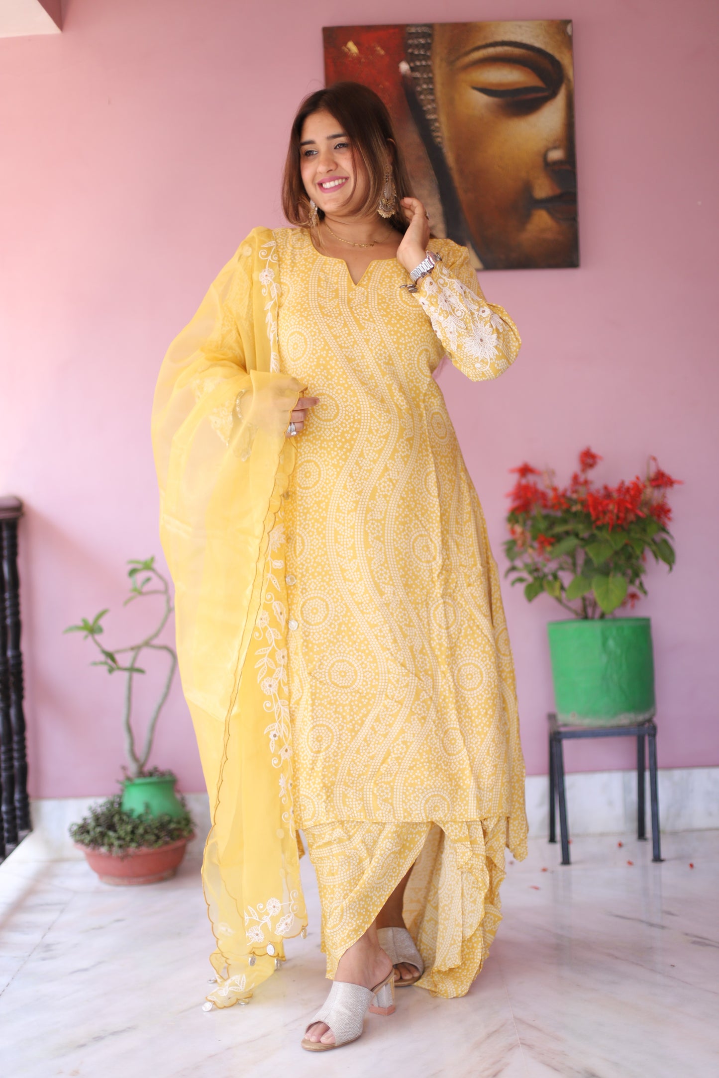 JEENAS Women Yellow Pure Masleen Set With Organza Duppata