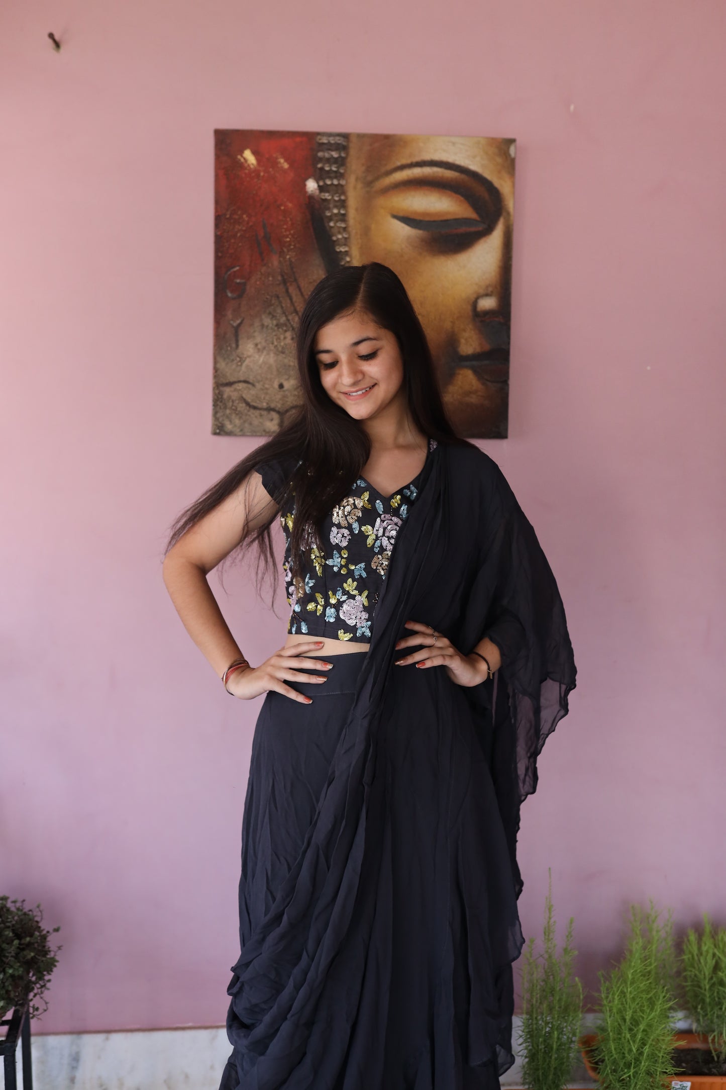 JEENAS Women Pure Georgette Ready To Wear Saree Hand Worked Blouse