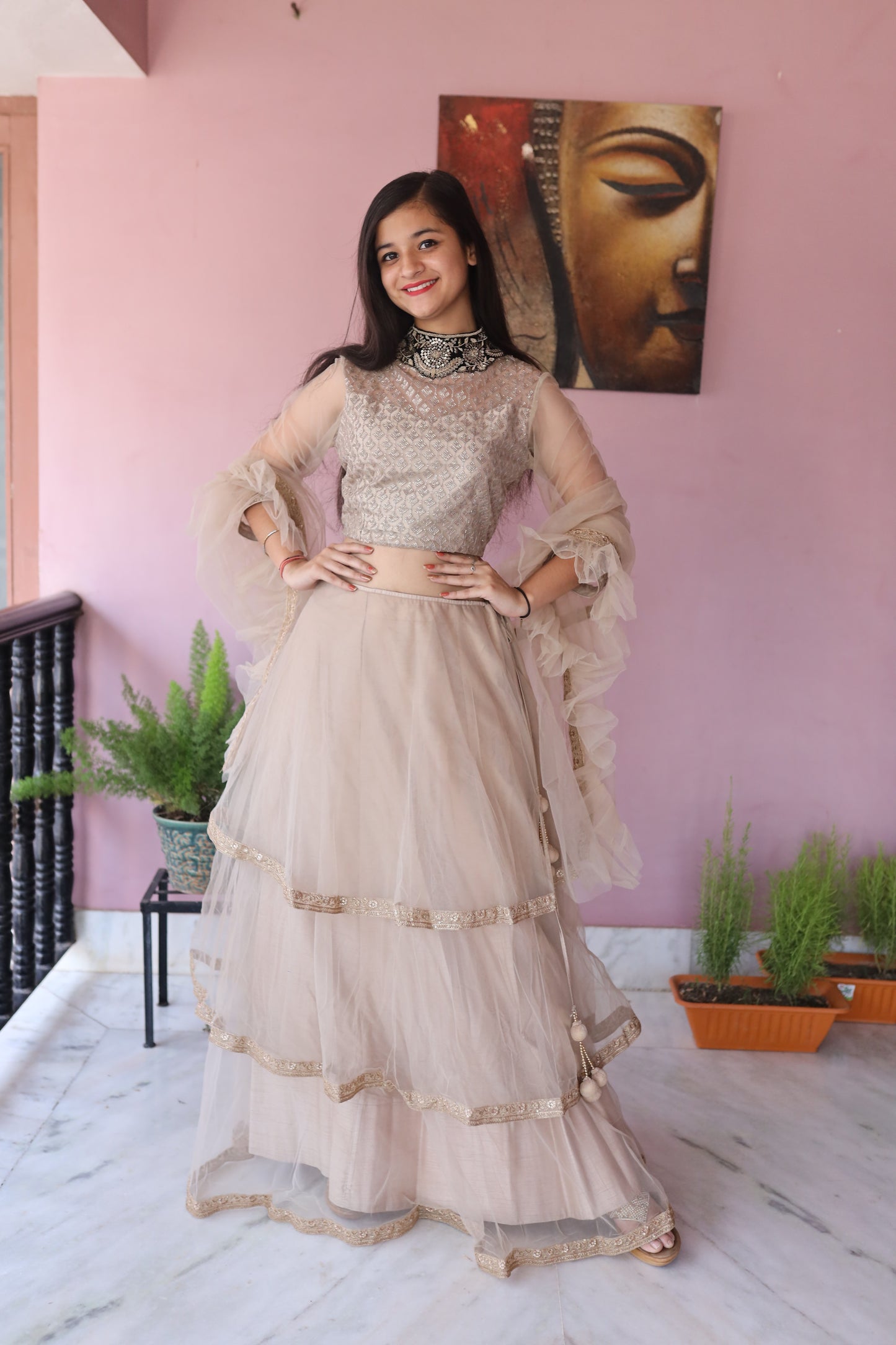 JEENAS Women Pure Organza Neck Worked Lehenga