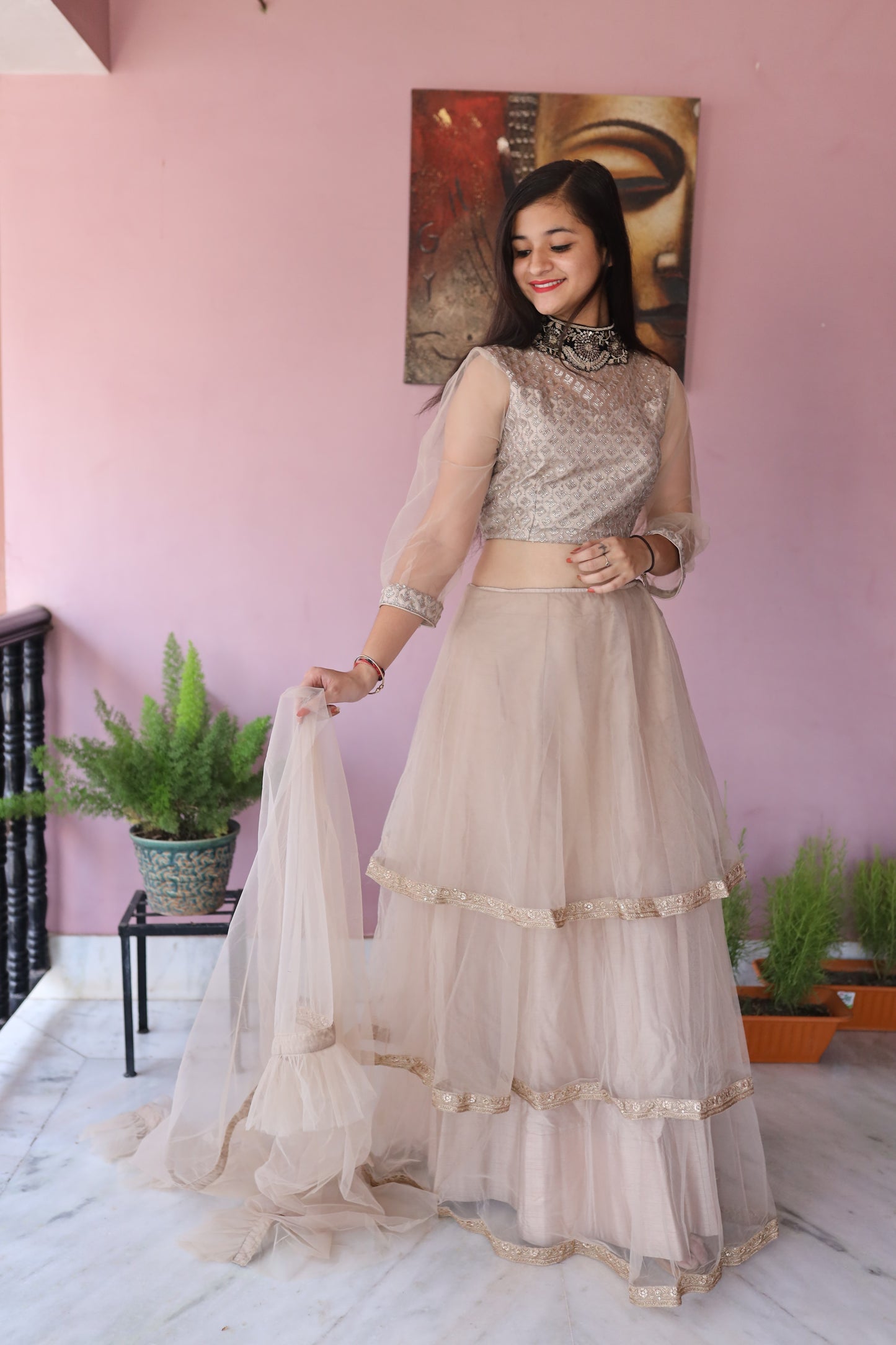 JEENAS Women Pure Organza Neck Worked Lehenga