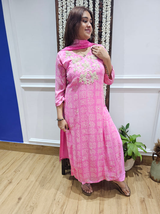 JEENAS pure chinnon with hand work detail in neck suit