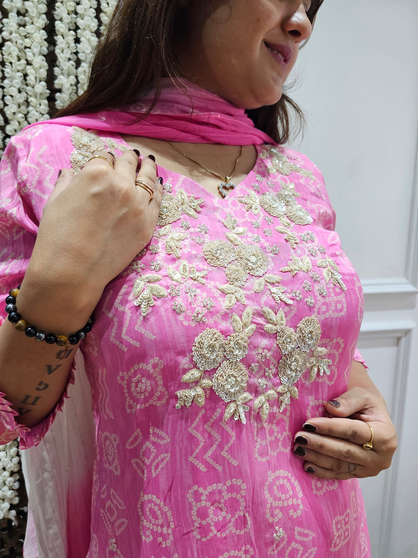 JEENAS pure chinnon with hand work detail in neck suit