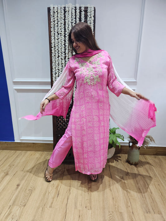 JEENAS pure chinnon with hand work detail in neck suit