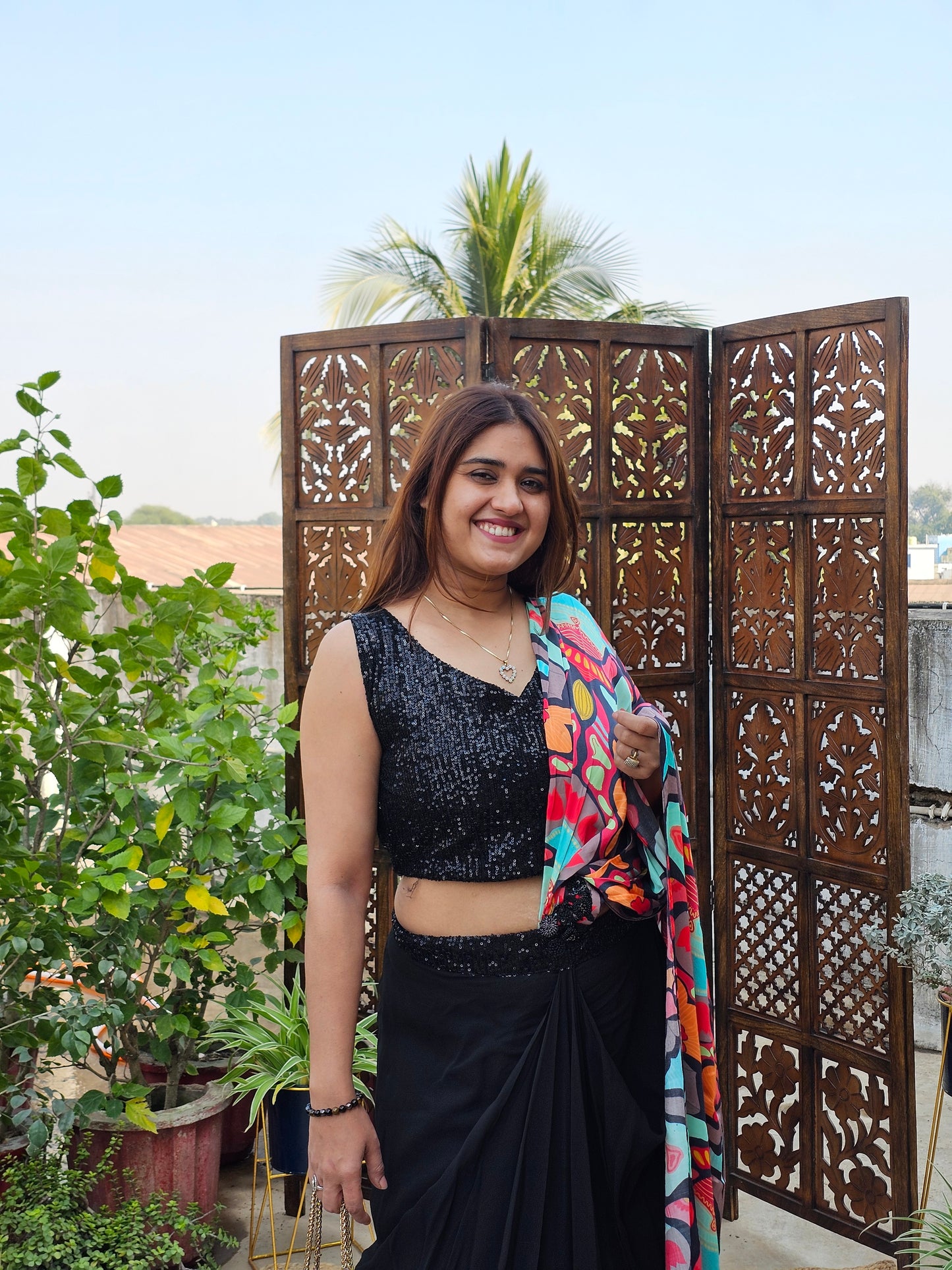 Jeenas sequence drape Printed indowestern saree