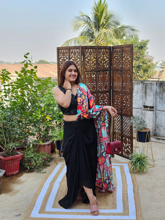 Jeenas sequence drape Printed indowestern saree