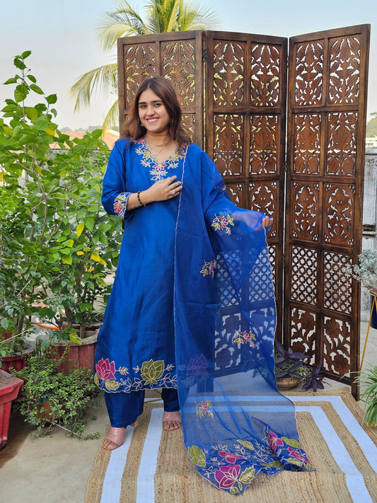 Jeenas royal blue pure silk gota applique suit