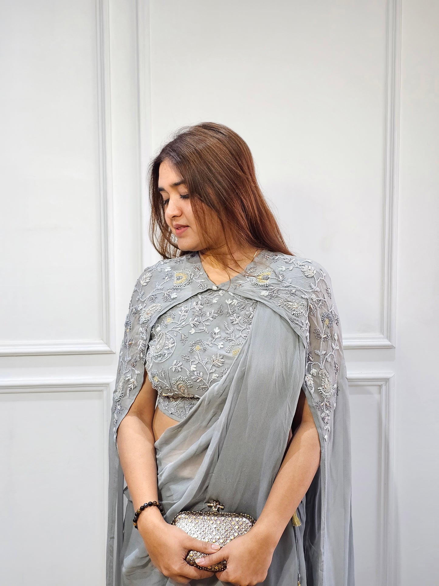Jeenas grey drape saree