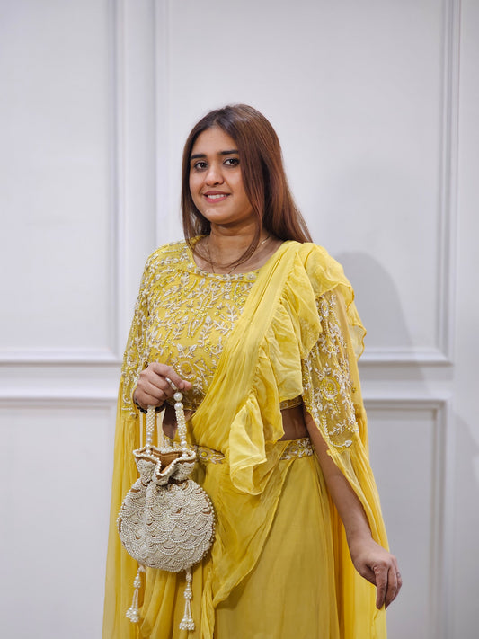 Jeenas yellow drape saree