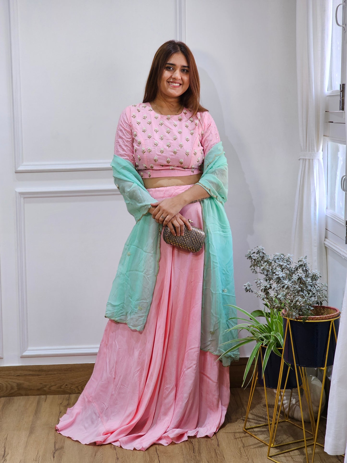 Jeenas baby pink semi party wear lengha