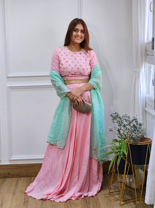 Jeenas baby pink semi party wear lengha