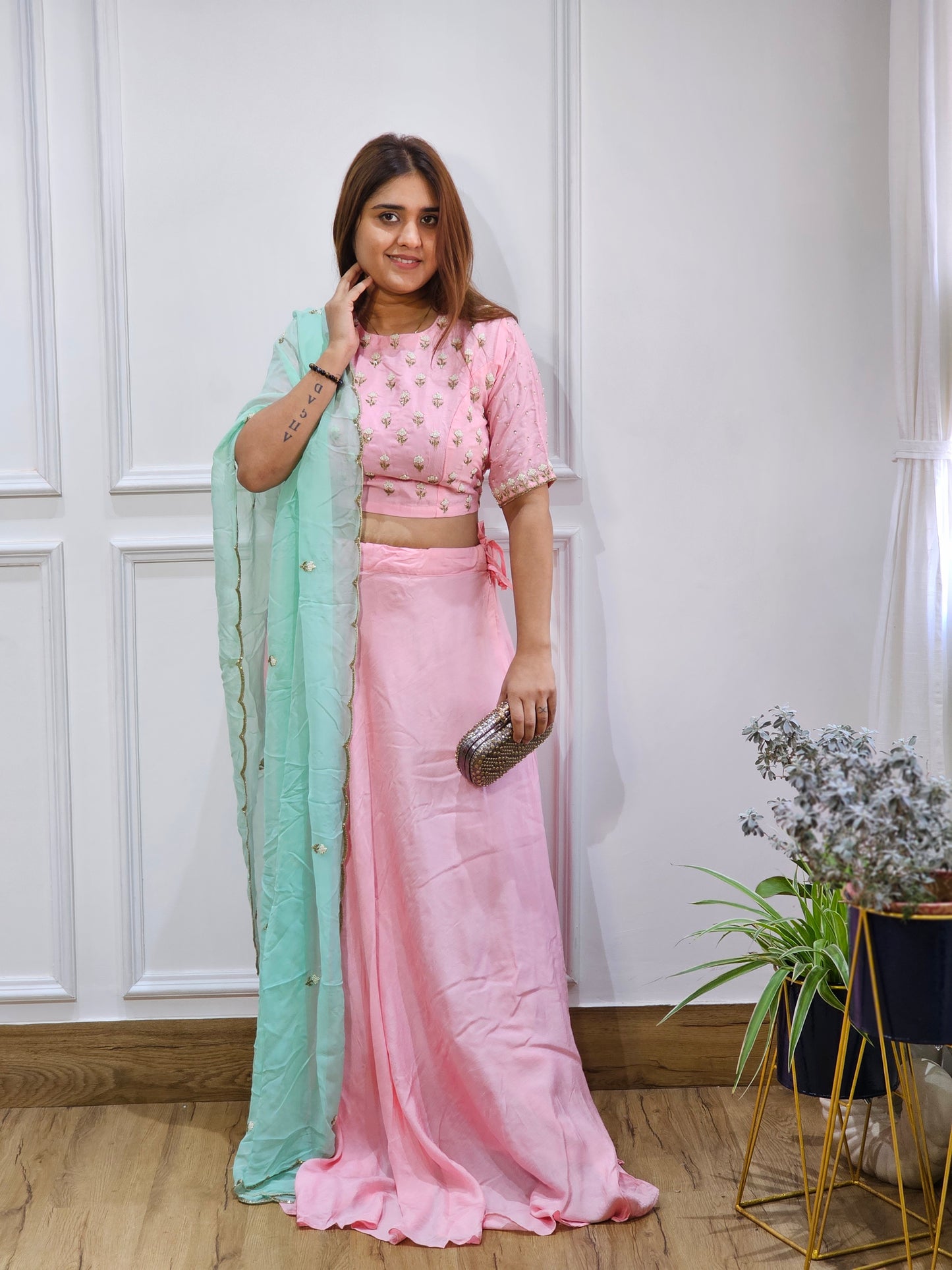 Jeenas baby pink semi party wear lengha