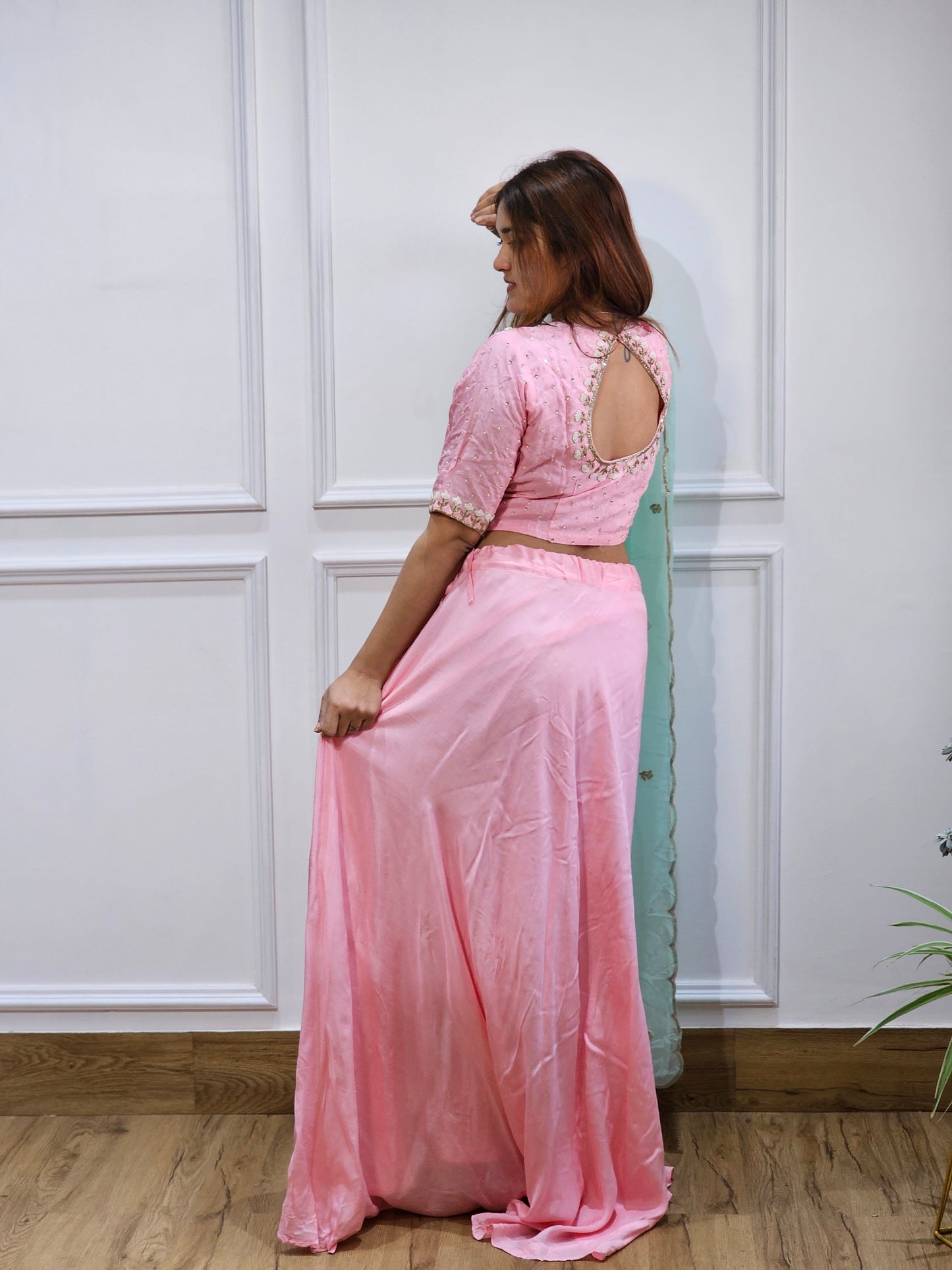 Jeenas baby pink semi party wear lengha