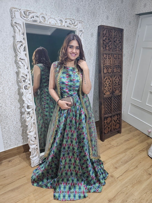 jeenas Printed multi coloured &nbsp;pure silk gown