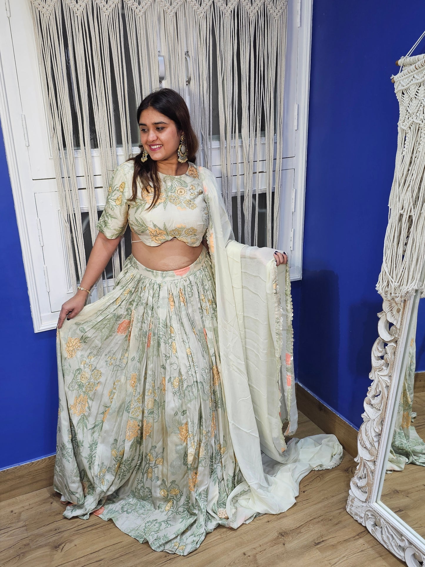 Jeenas printed hand work lengha